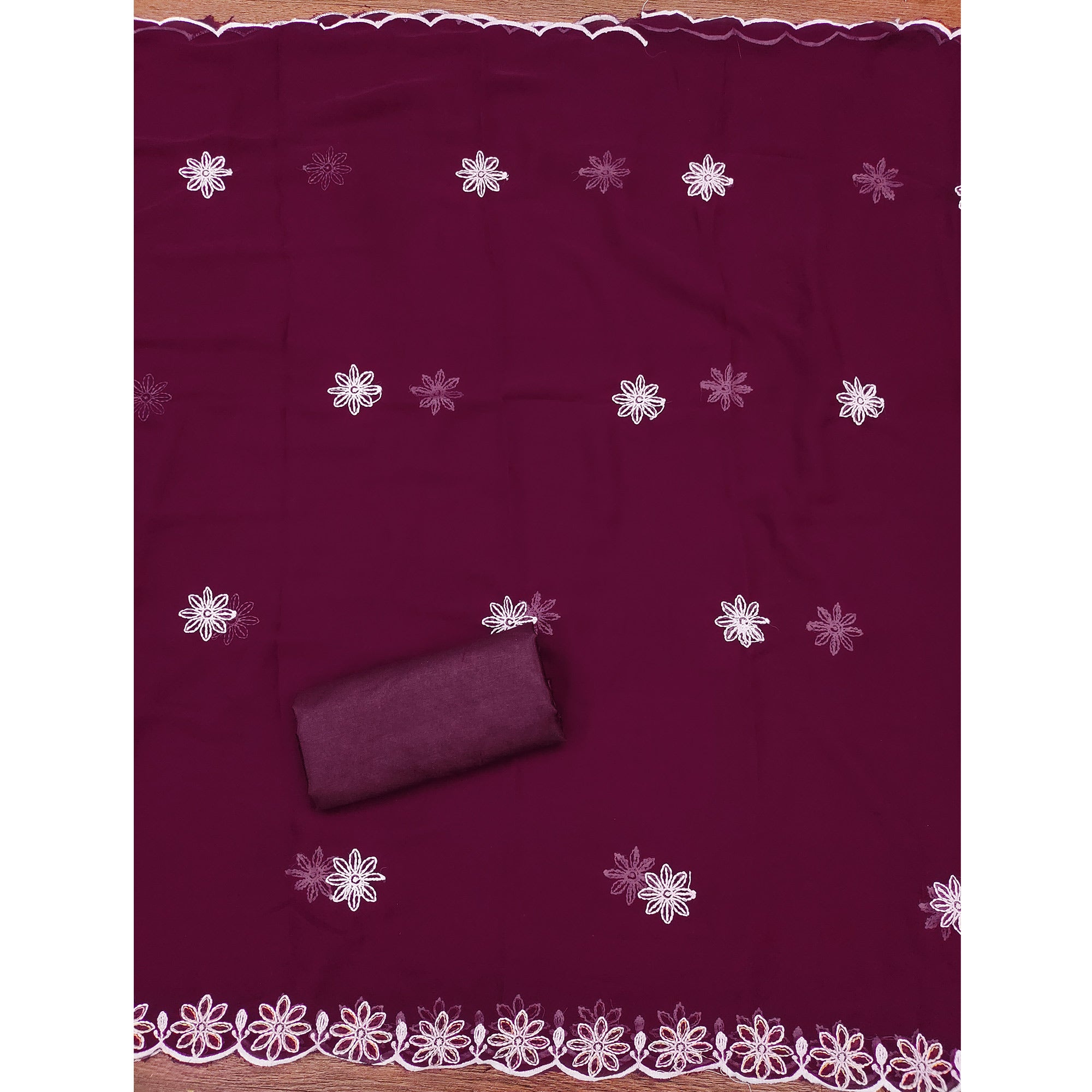 Wine Georgette Dress Material Highlighted With Paisley & Floral Thread Embroidery