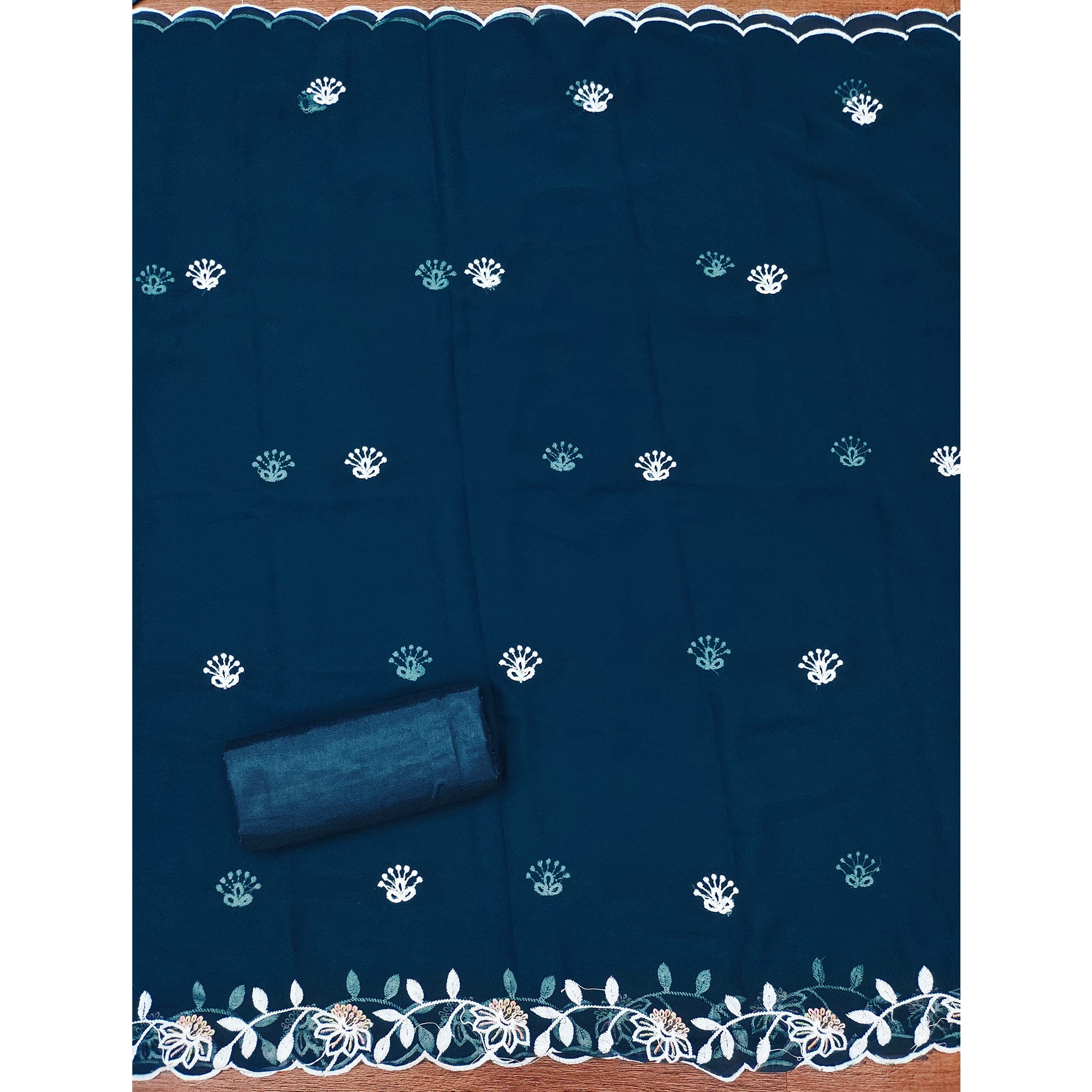 Blue Georgette Dress Material Accented With Floral Thread Work