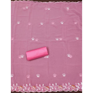Pink Georgette Dress Material Accented With Floral Thread Work