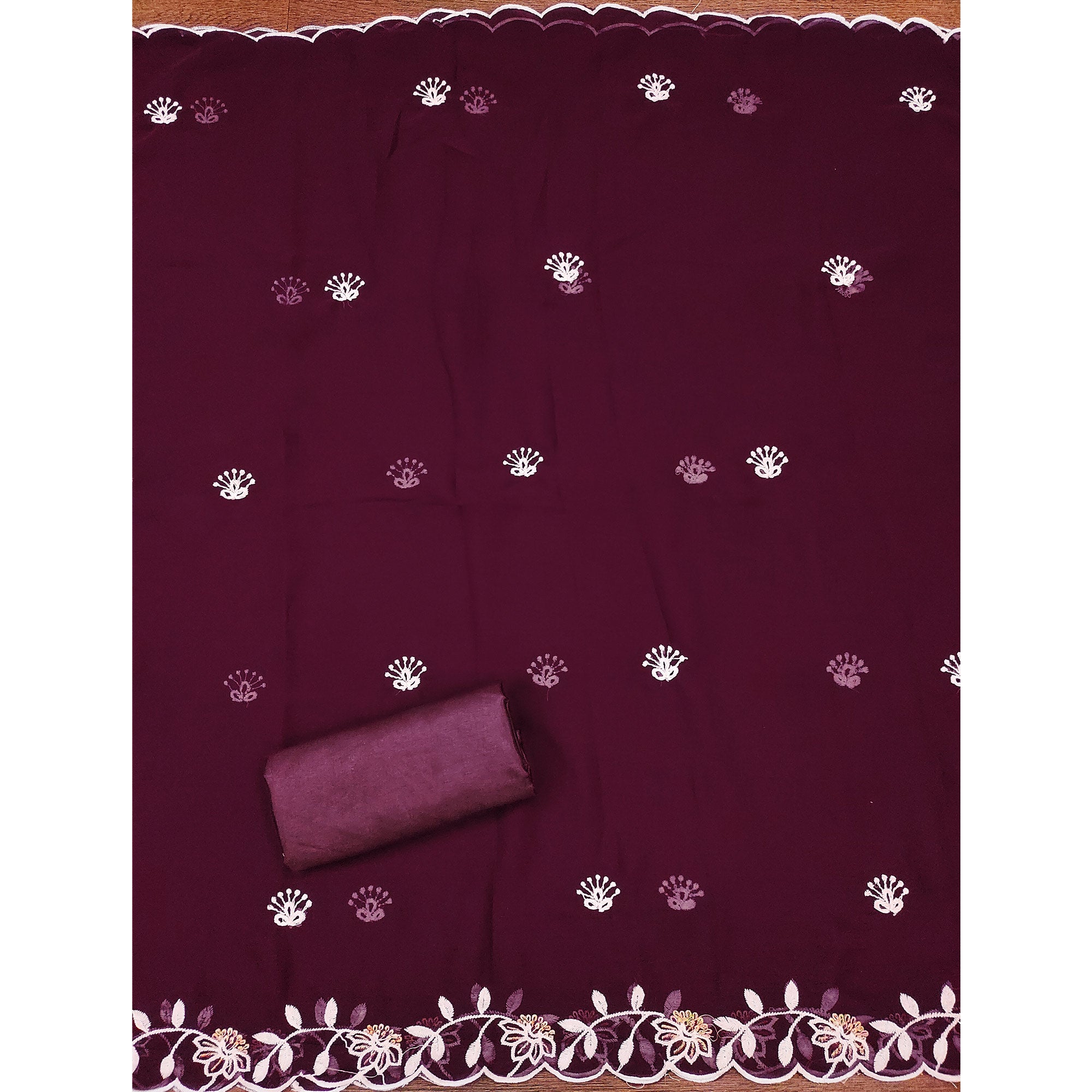Wine Georgette Dress Material Accented With Floral Thread Work
