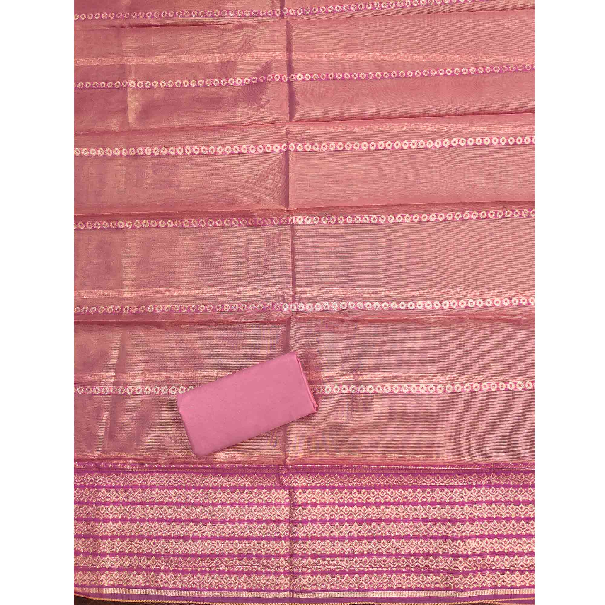 Classic Pink Butti Weaving Shimmer Dress Material Enhanced With Sequins Cording Embroidery