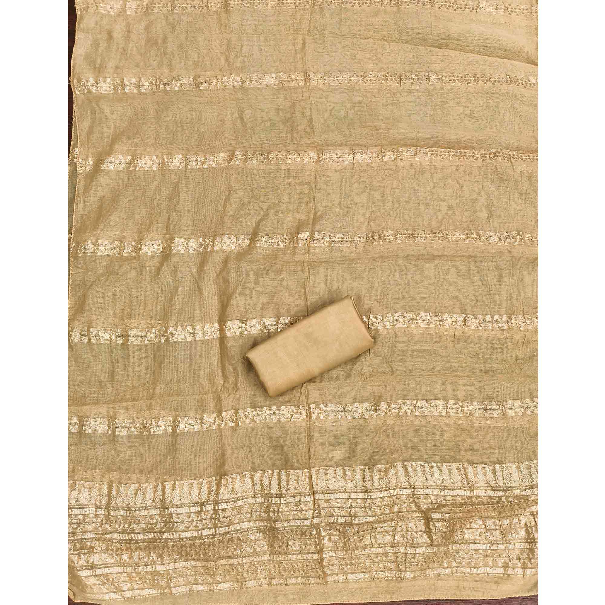 Graceful Beige Jacquard Dress Material Featuring Floral Weaving & Sequins Cording Embroidery