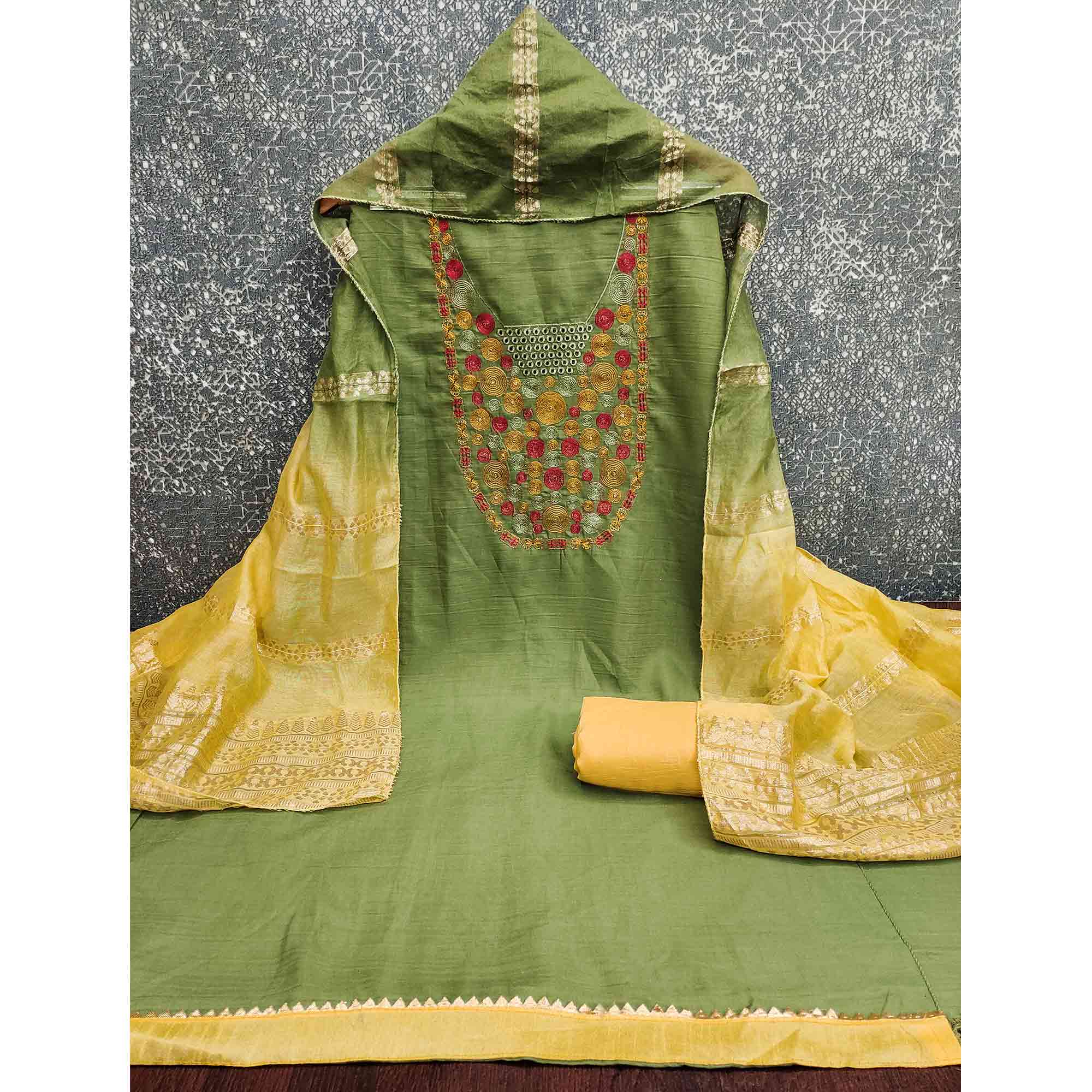 Charming Green Thread Embroidered Cotton Blend Dress Material With Sequins & Gota Patti Accents