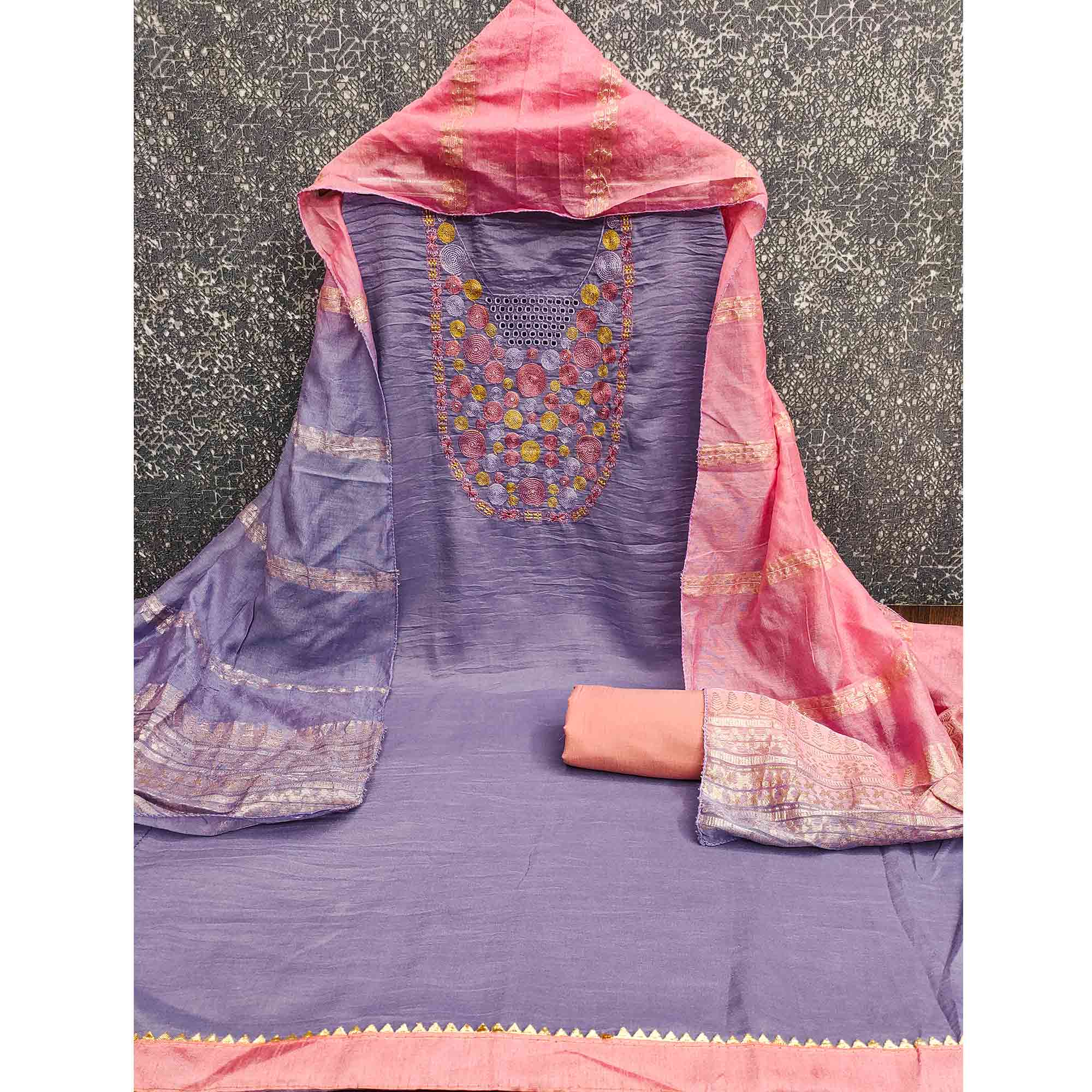 Charming Lavender Thread Embroidered Cotton Blend Dress Material With Sequins & Gota Patti Accents