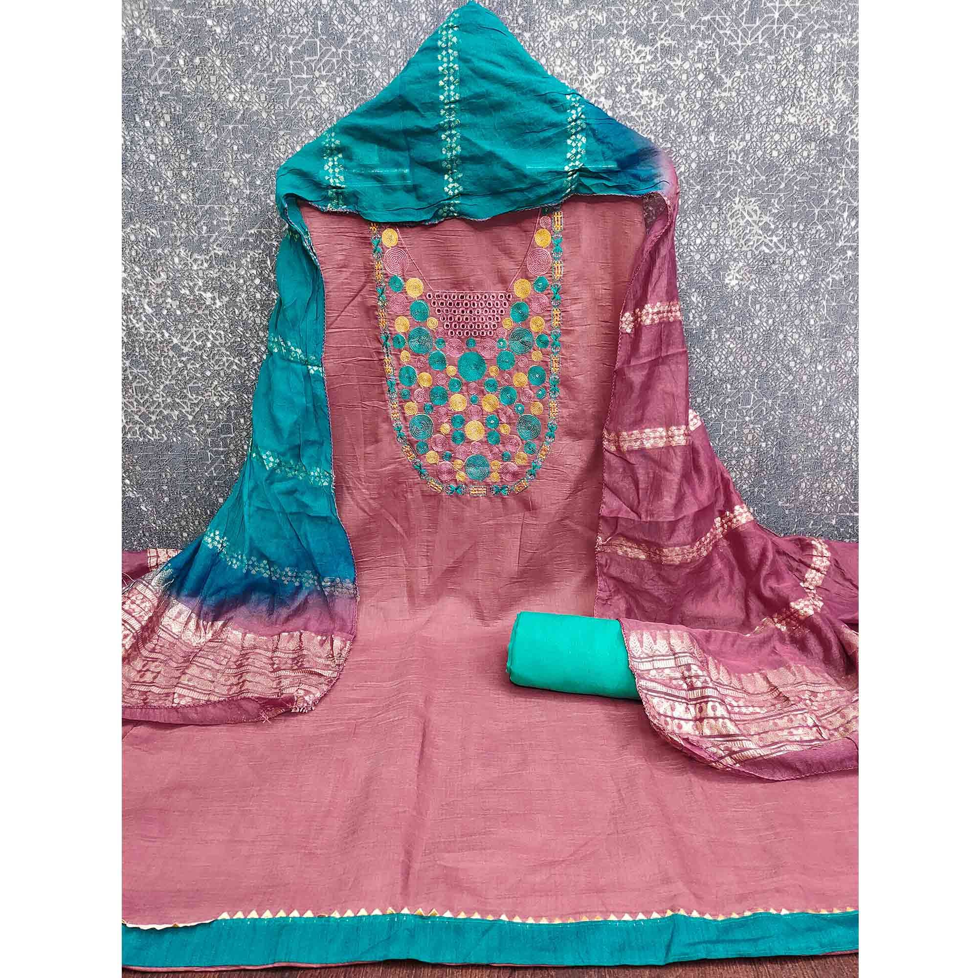 Charming Pink Thread Embroidered Cotton Blend Dress Material With Sequins & Gota Patti Accents
