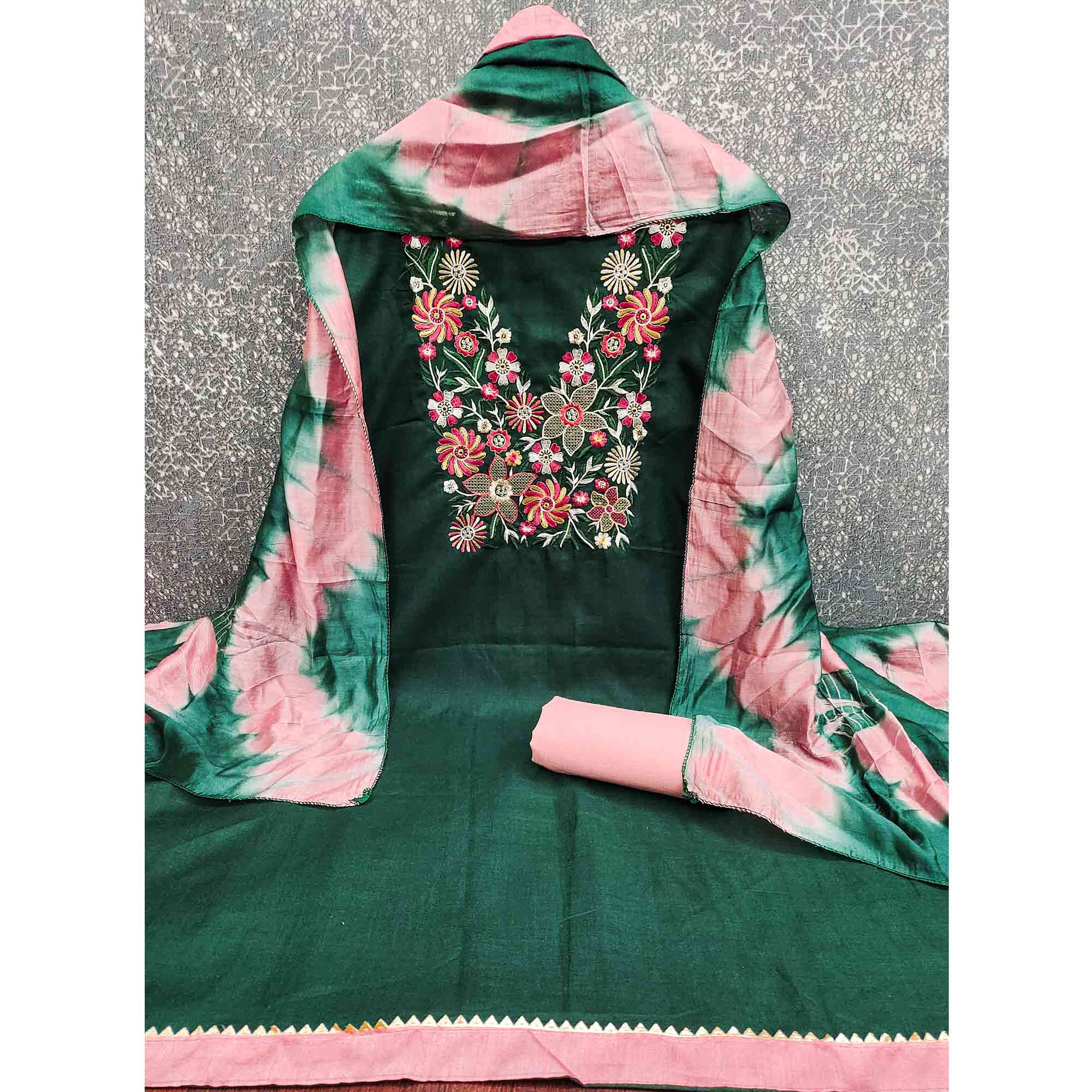 Elegant Green Floral Thread Embroidered Cotton Blend Dress Material With Gota Patti Work