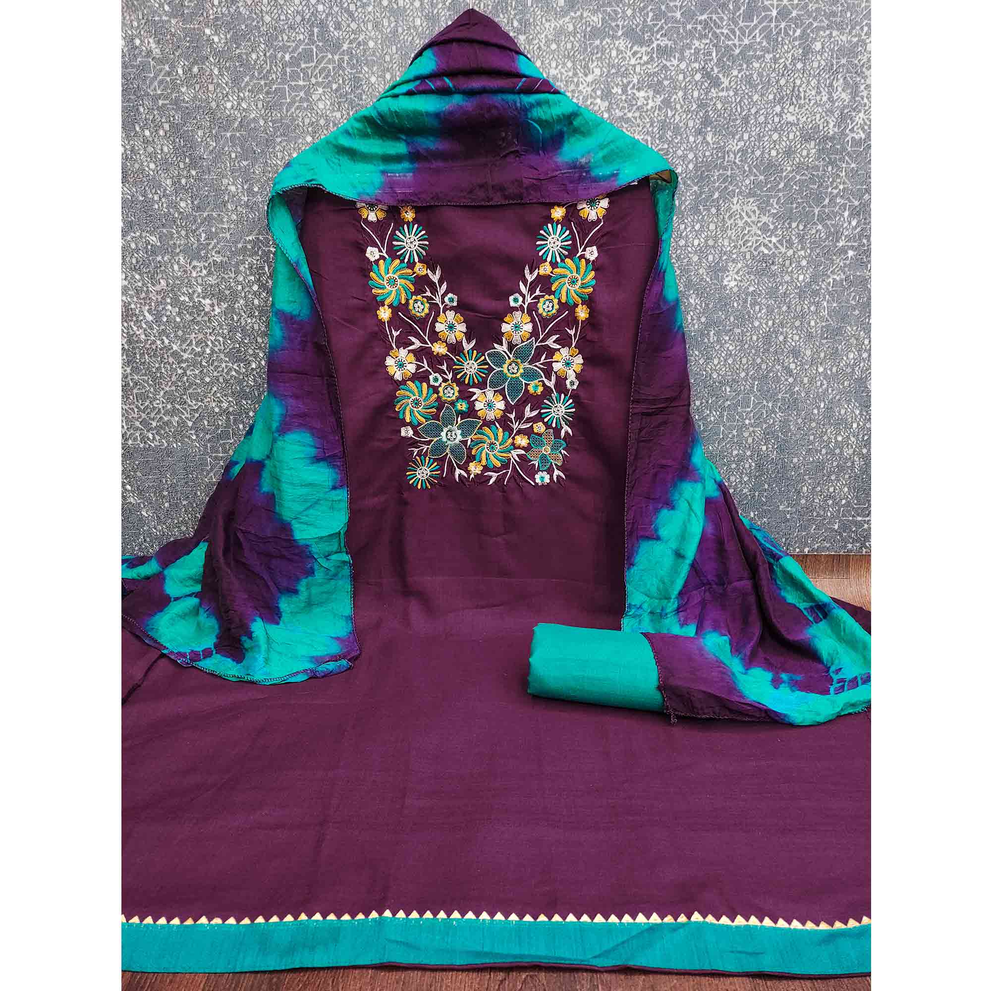 Elegant Purple Floral Thread Embroidered Cotton Blend Dress Material With Gota Patti Work