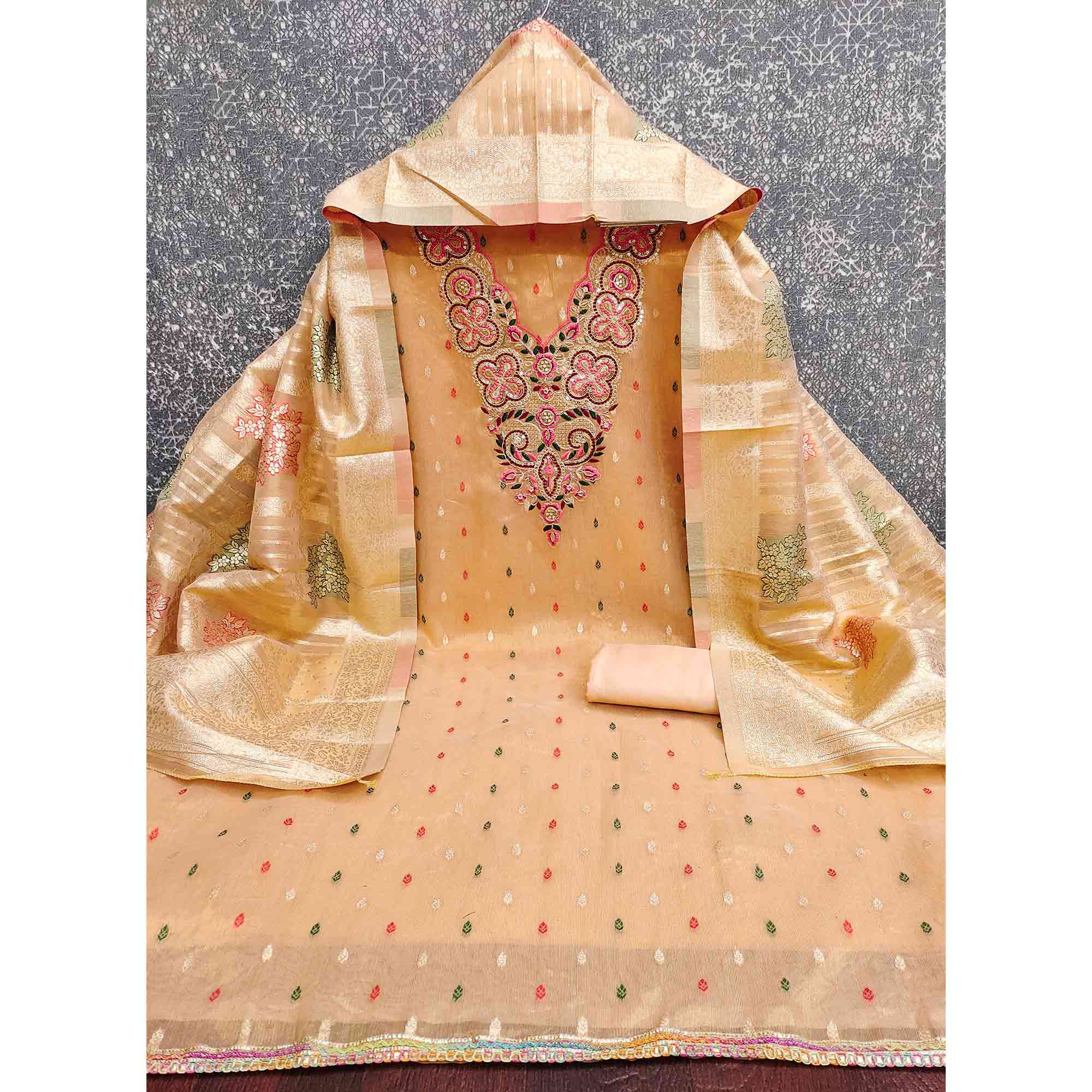 Stylish Peach Floral Cording Embroidered Shimmer Dress Material Enhanced With Butti Weaving Work