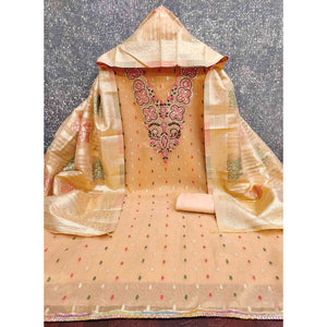 Stylish Peach Floral Cording Embroidered Shimmer Dress Material Enhanced With Butti Weaving Work