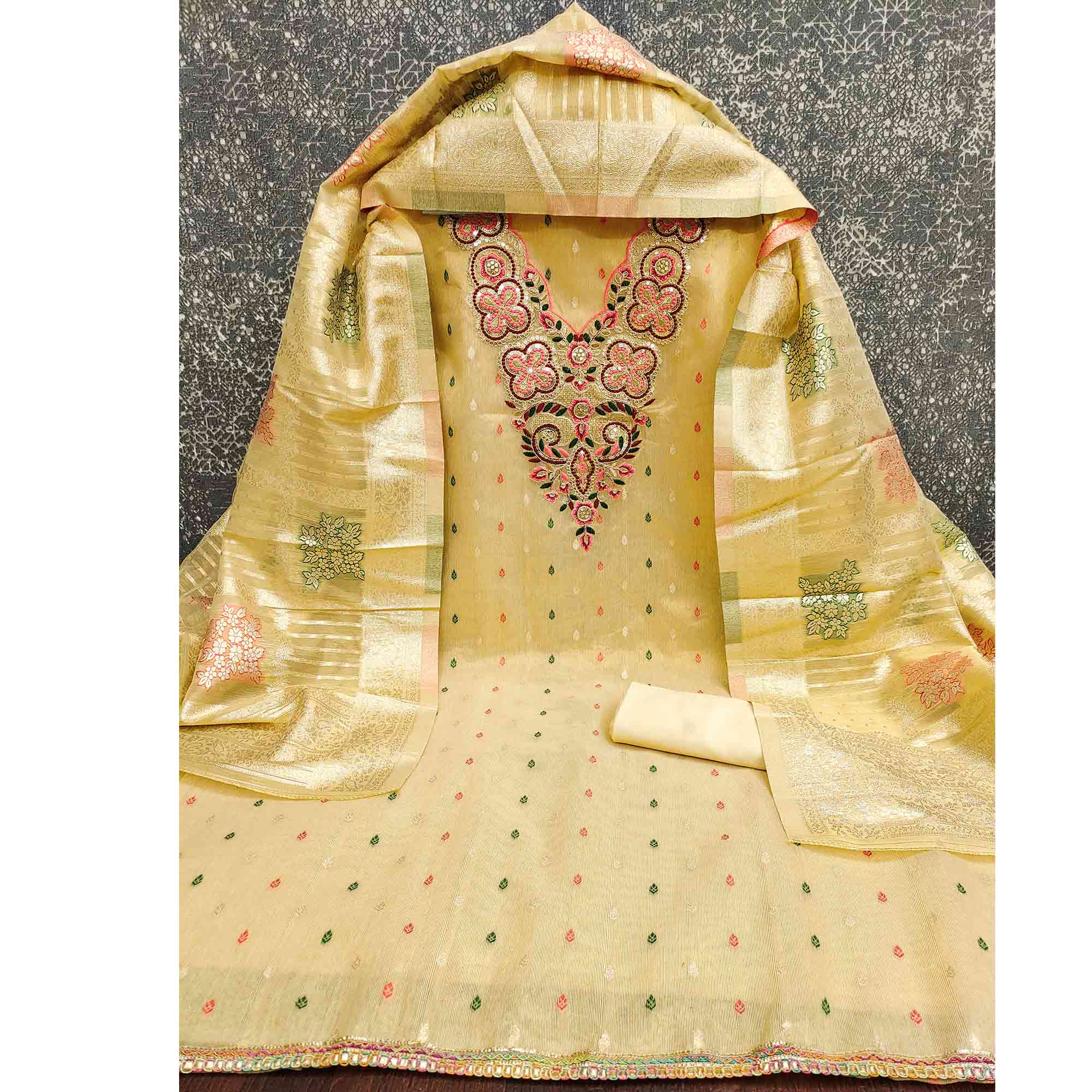 Stylish Yellow Floral Cording Embroidered Shimmer Dress Material Enhanced With Butti Weaving Work