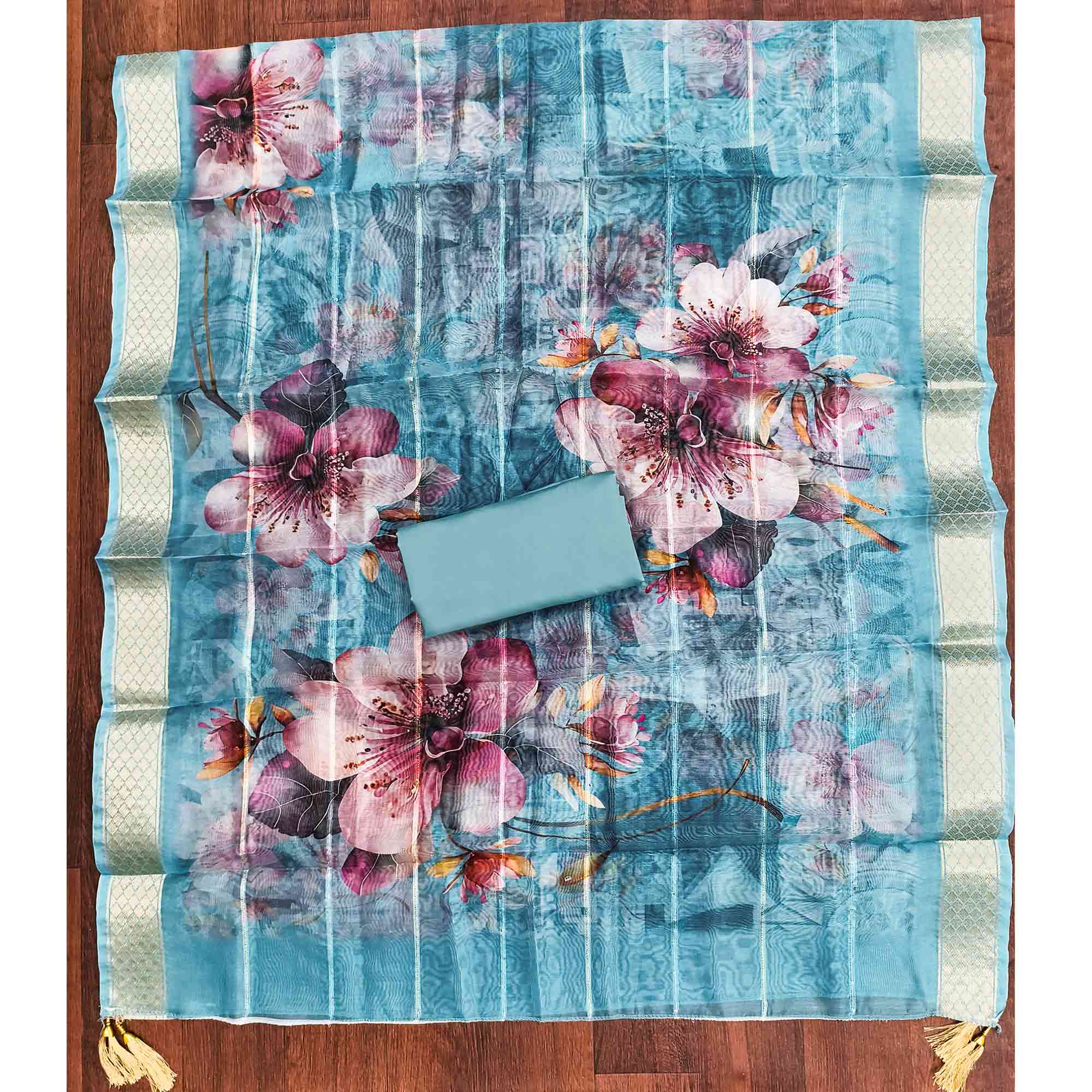 Majestic Blue Bloom Floral Thread & Sequins Embroidered Roman Cotton Silk Dress Material