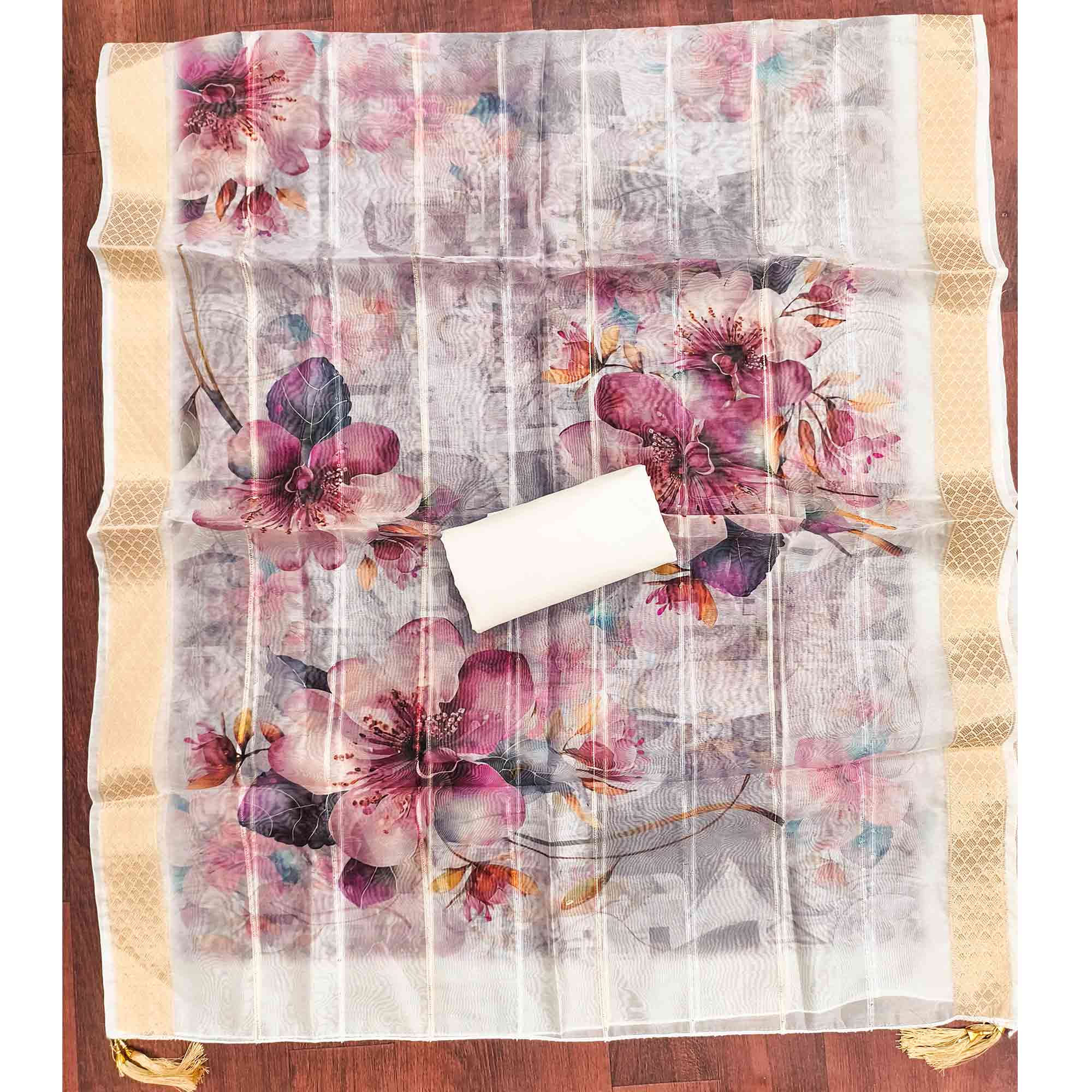 Majestic White Bloom Floral Thread & Sequins Embroidered Roman Cotton Silk Dress Material