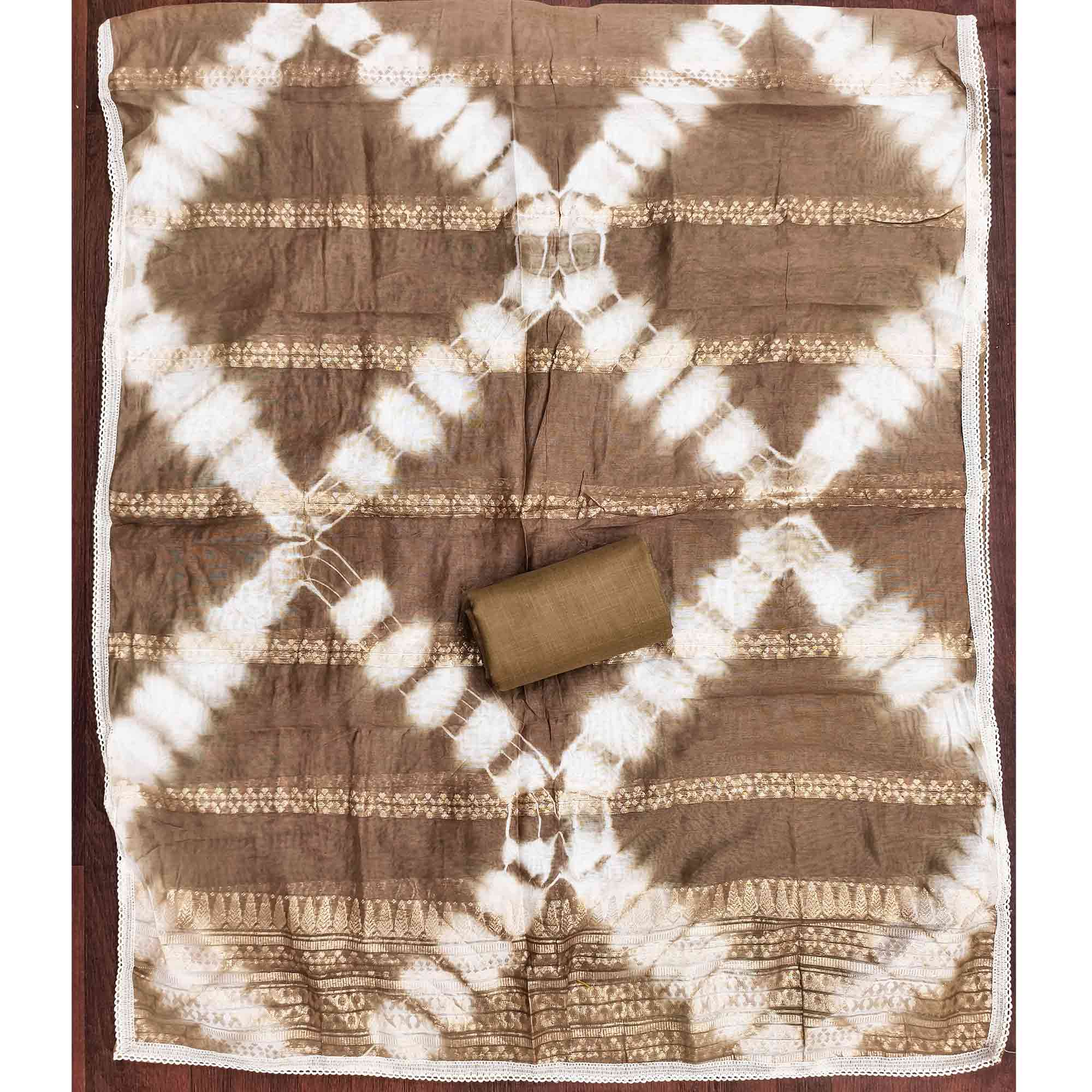 Opulent Grace Brown Cotton Blend Dress Material Adorned With Floral Thread & Sequins Work