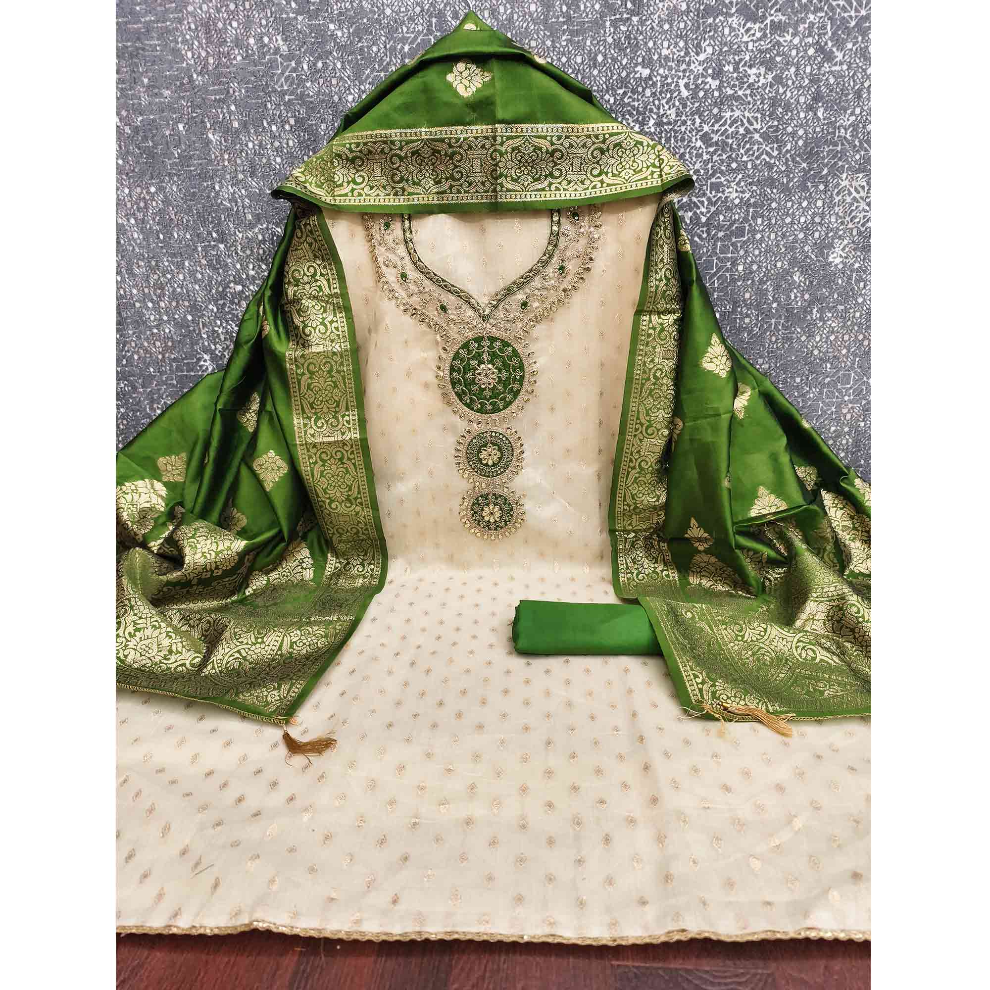 Cream & Green Shimmer Dress Material Featuring Intricate Zari Weaving With Cording Embroidery