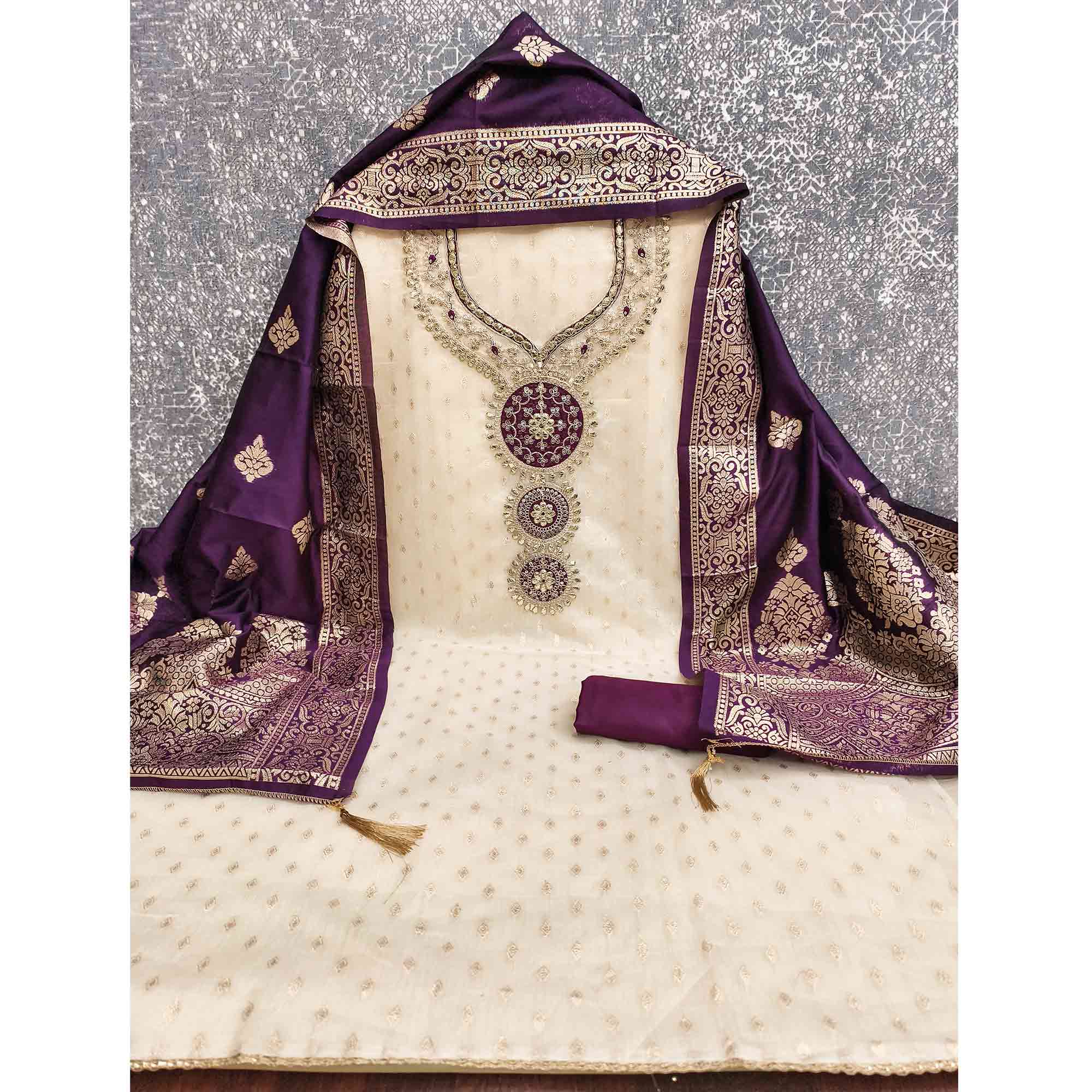 Cream & Purple Shimmer Dress Material Featuring Intricate Zari Weaving With Cording Embroidery