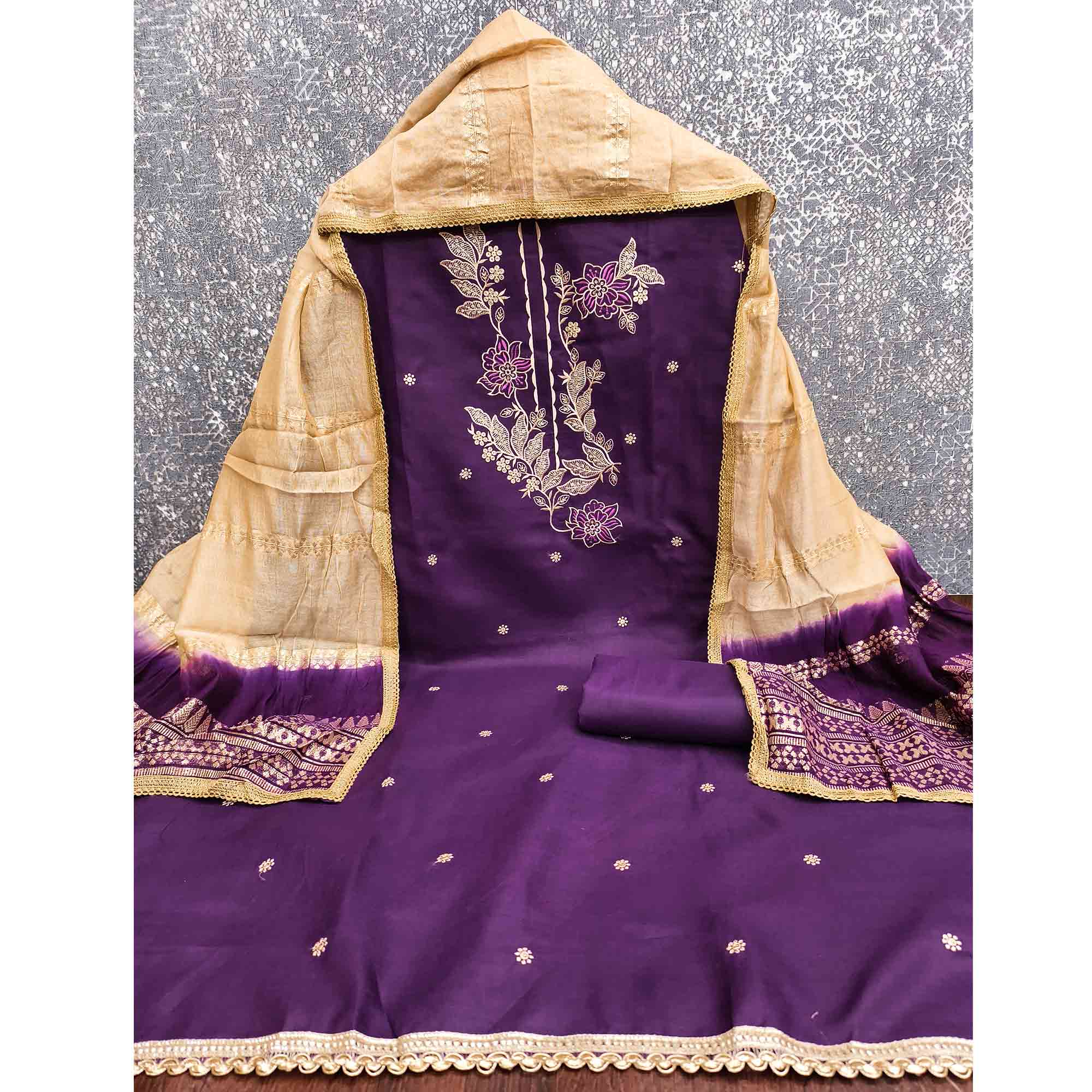 Purple Cotton Blend Dress Material Adorned With Elegant Floral Embroidery & Sequins Detailing