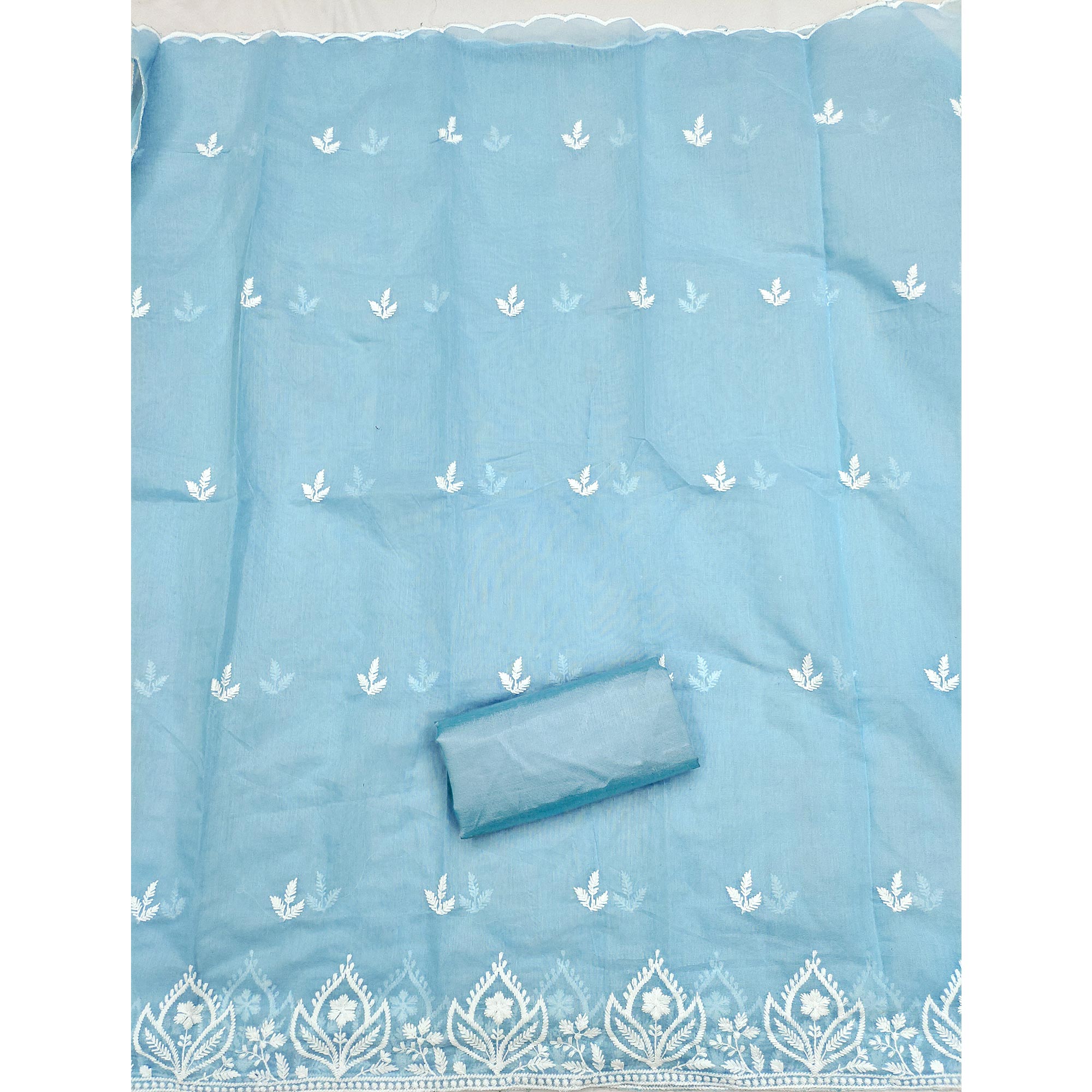 Designer Blue Floral Thread Embroidered Chanderi Cotton Dress Material