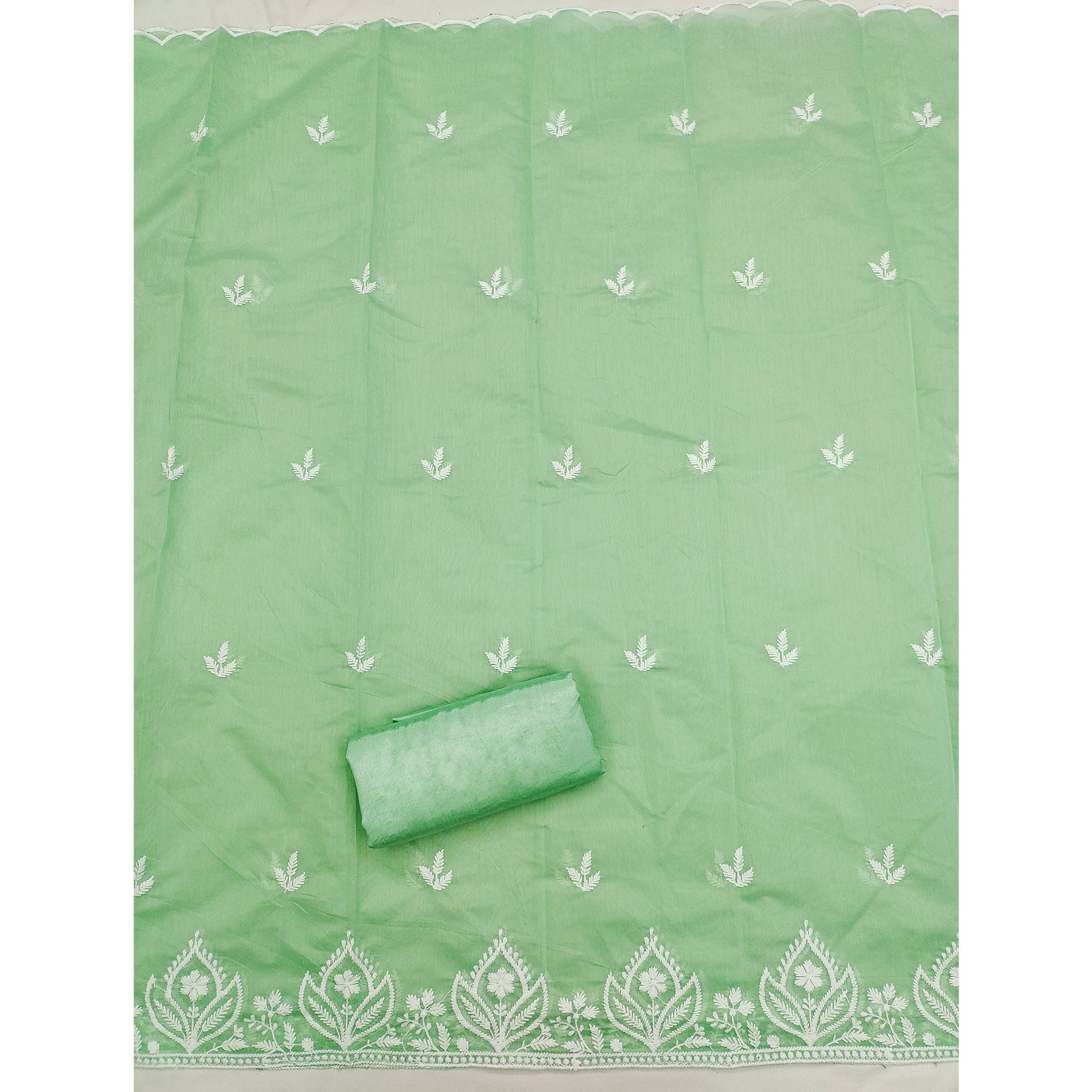 Designer Sea Green Floral Thread Embroidered Chanderi Cotton Dress Material