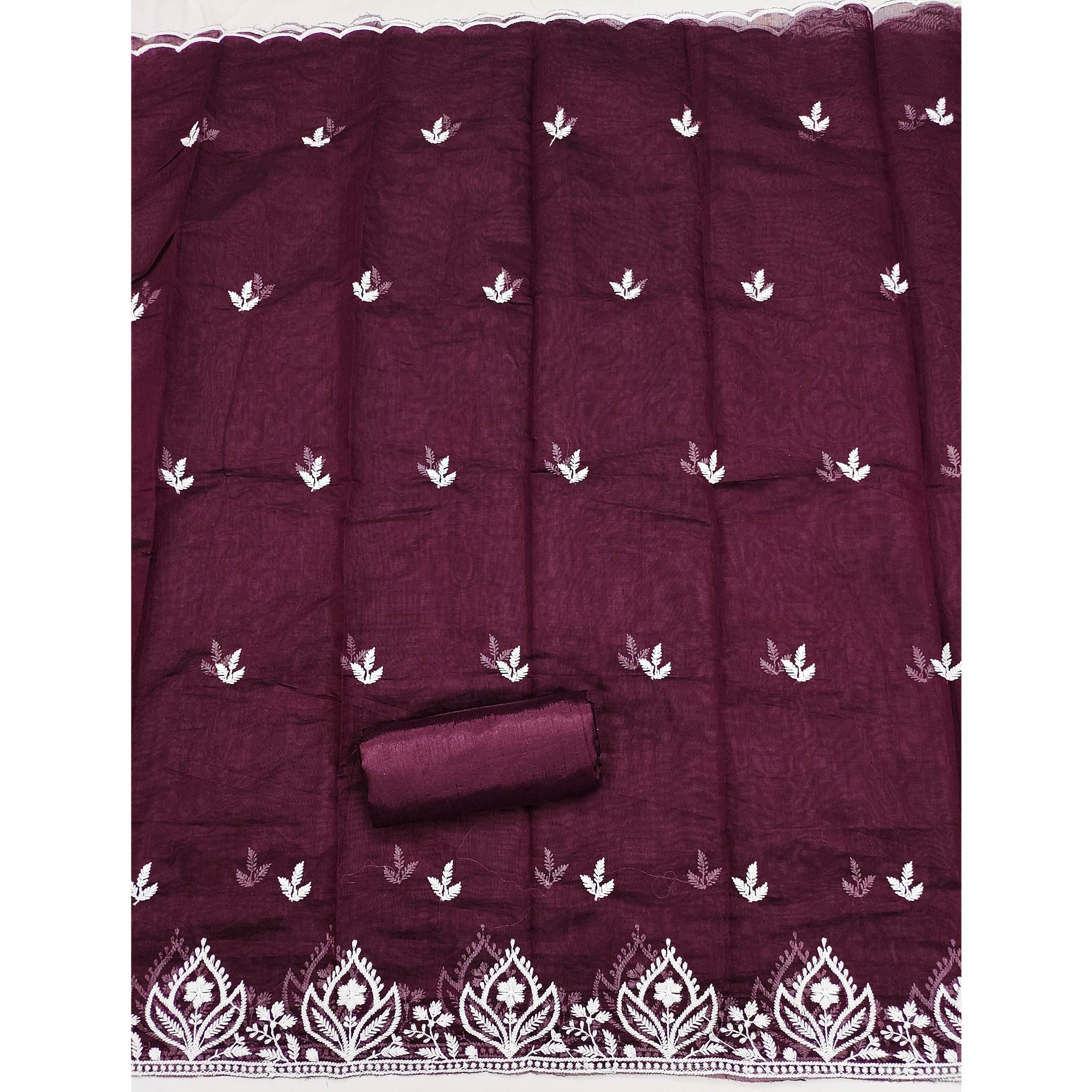 Designer Wine Floral Thread Embroidered Chanderi Cotton Dress Material