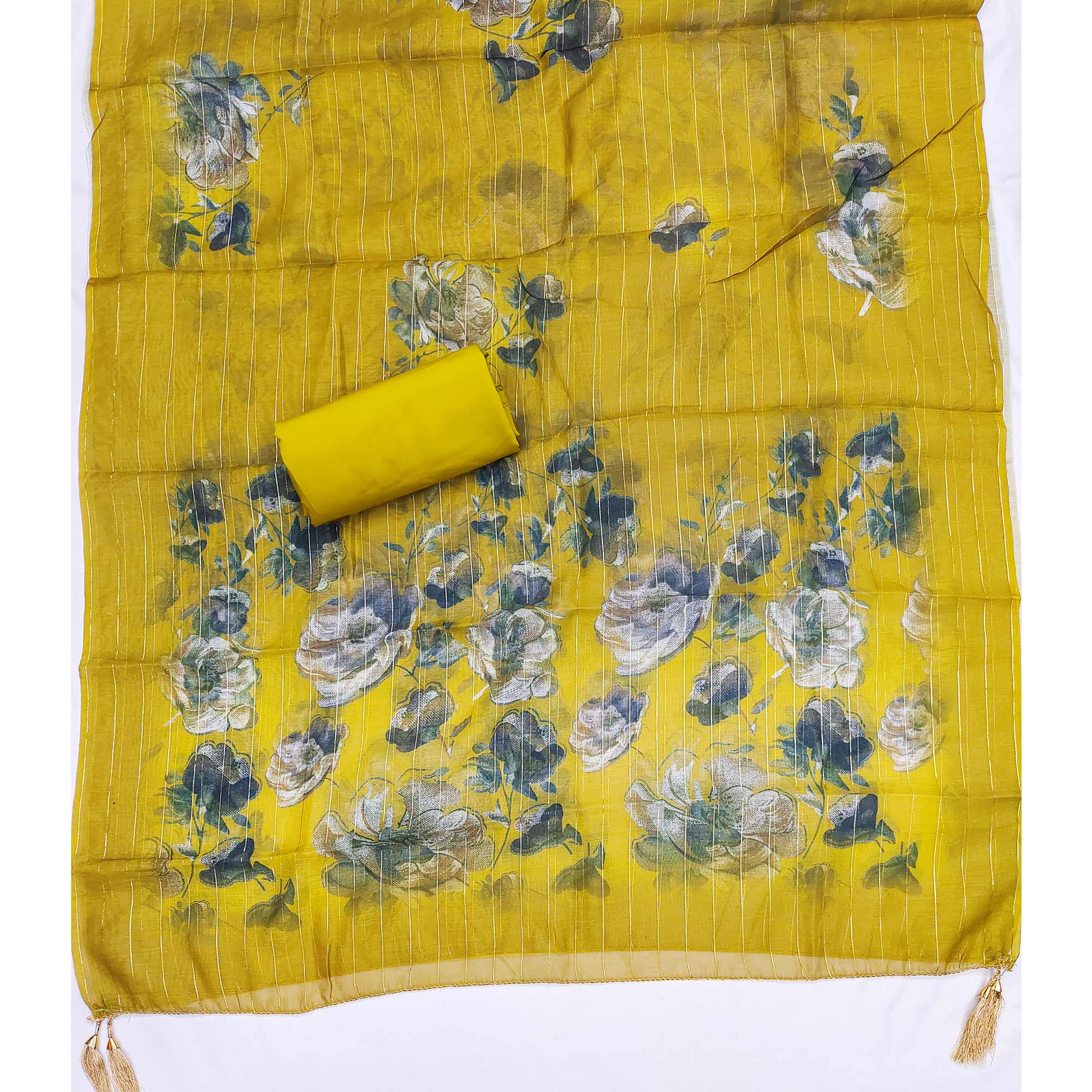 Ethnic Mustard Floral Thread Embroidered Roman Cotton Silk Dress Material With Subtle Sequins Work