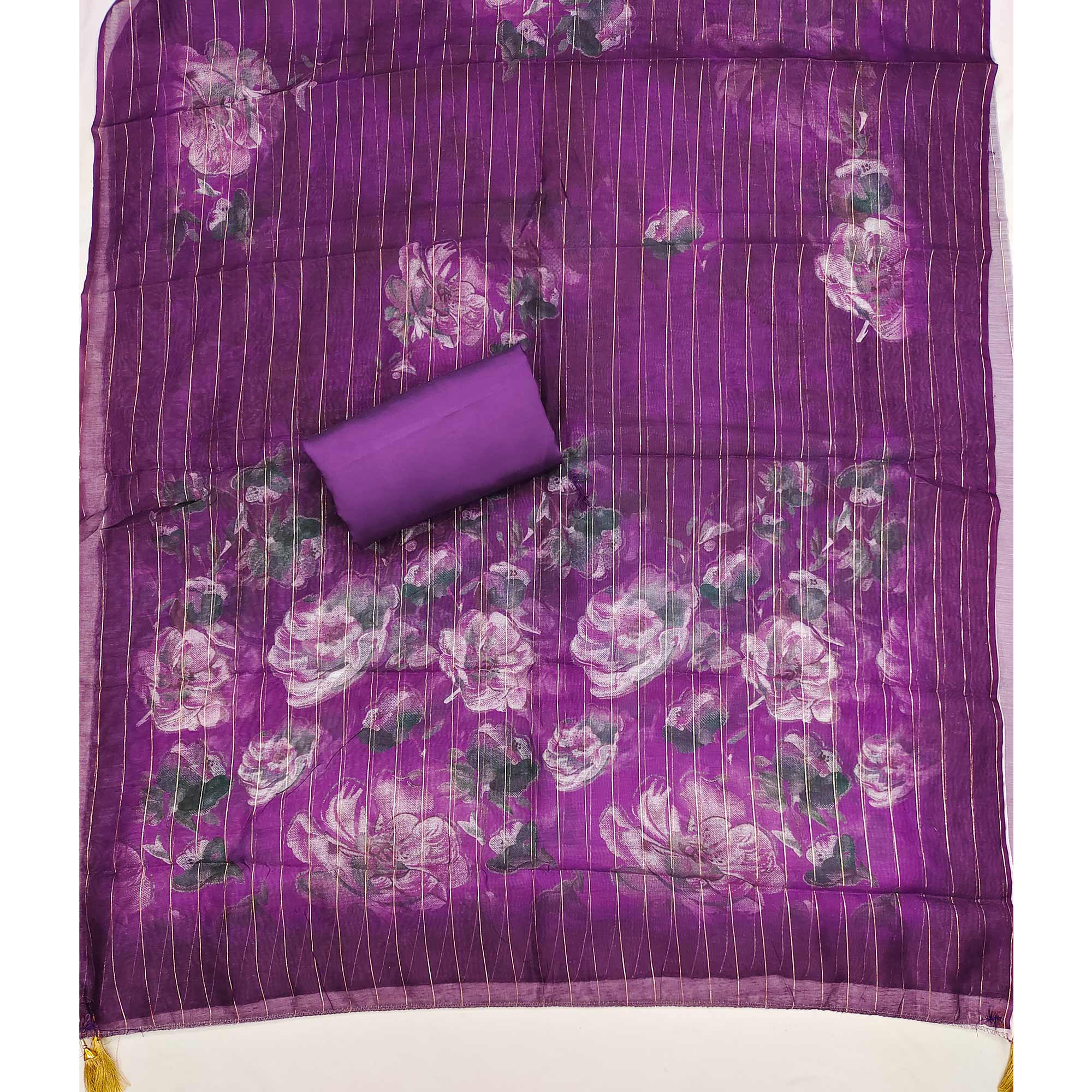 Ethnic Purple Floral Thread Embroidered Roman Cotton Silk Dress Material With Subtle Sequins Work