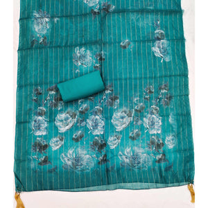 Ethnic Teal Floral Thread Embroidered Roman Cotton Silk Dress Material With Subtle Sequins Work