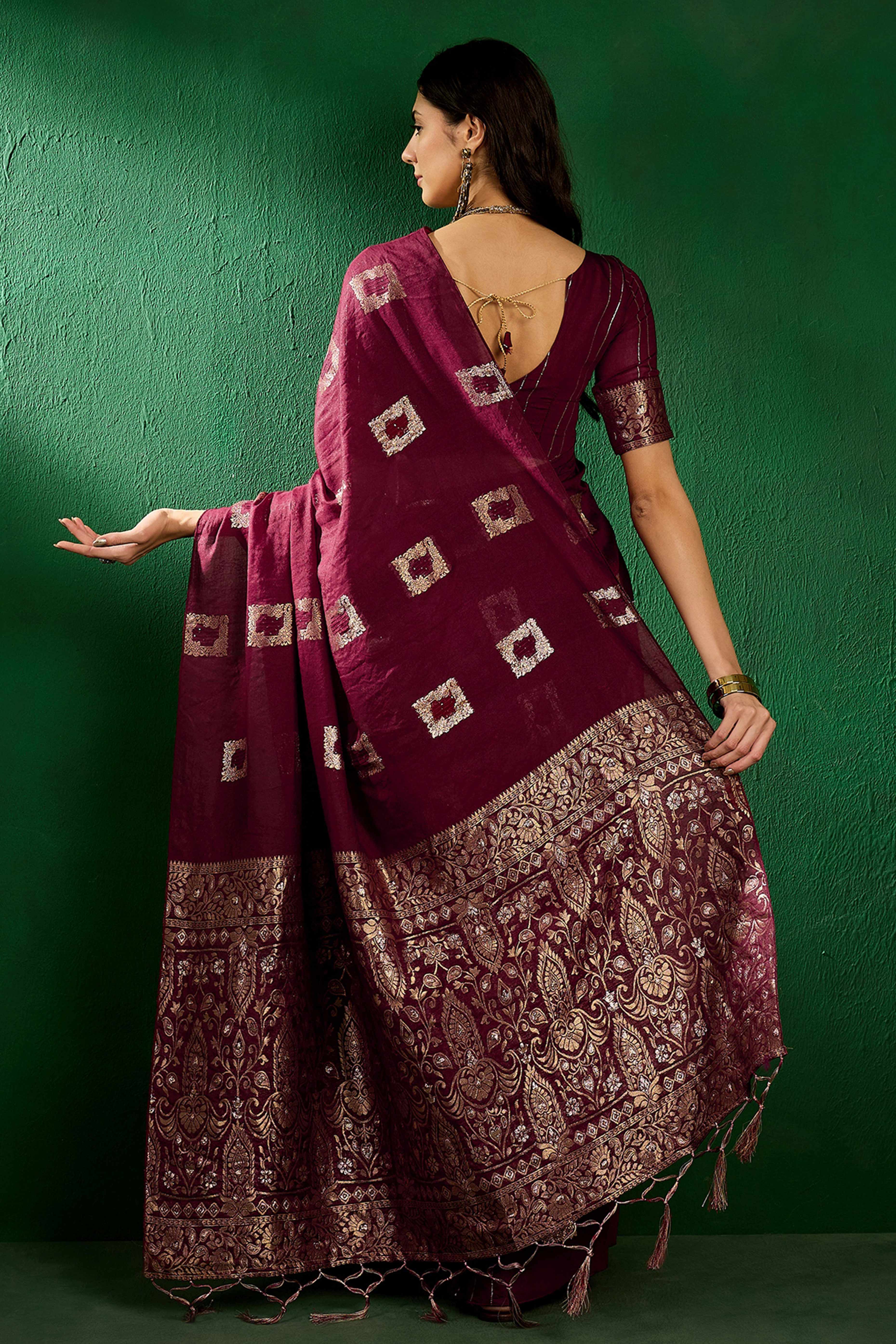 Dark Wine Woven Staple Cotton Blend Saree With Intricate Floral Motifs & Tassel-Embellished Pallu