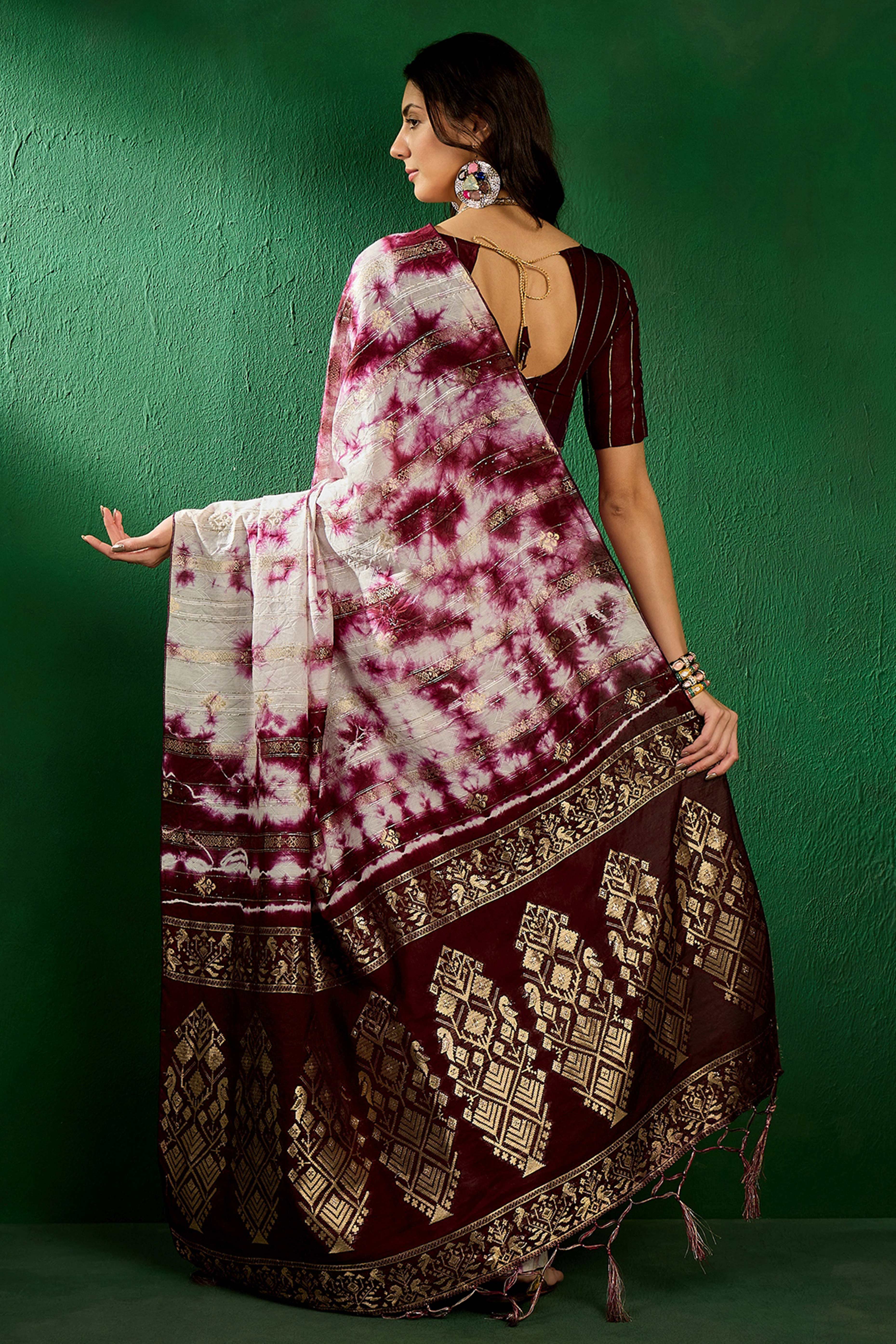 Floral Zari Woven Wine Saree In Cotton Blend With Sparkling Sequins & Elegant Tassel Pallu