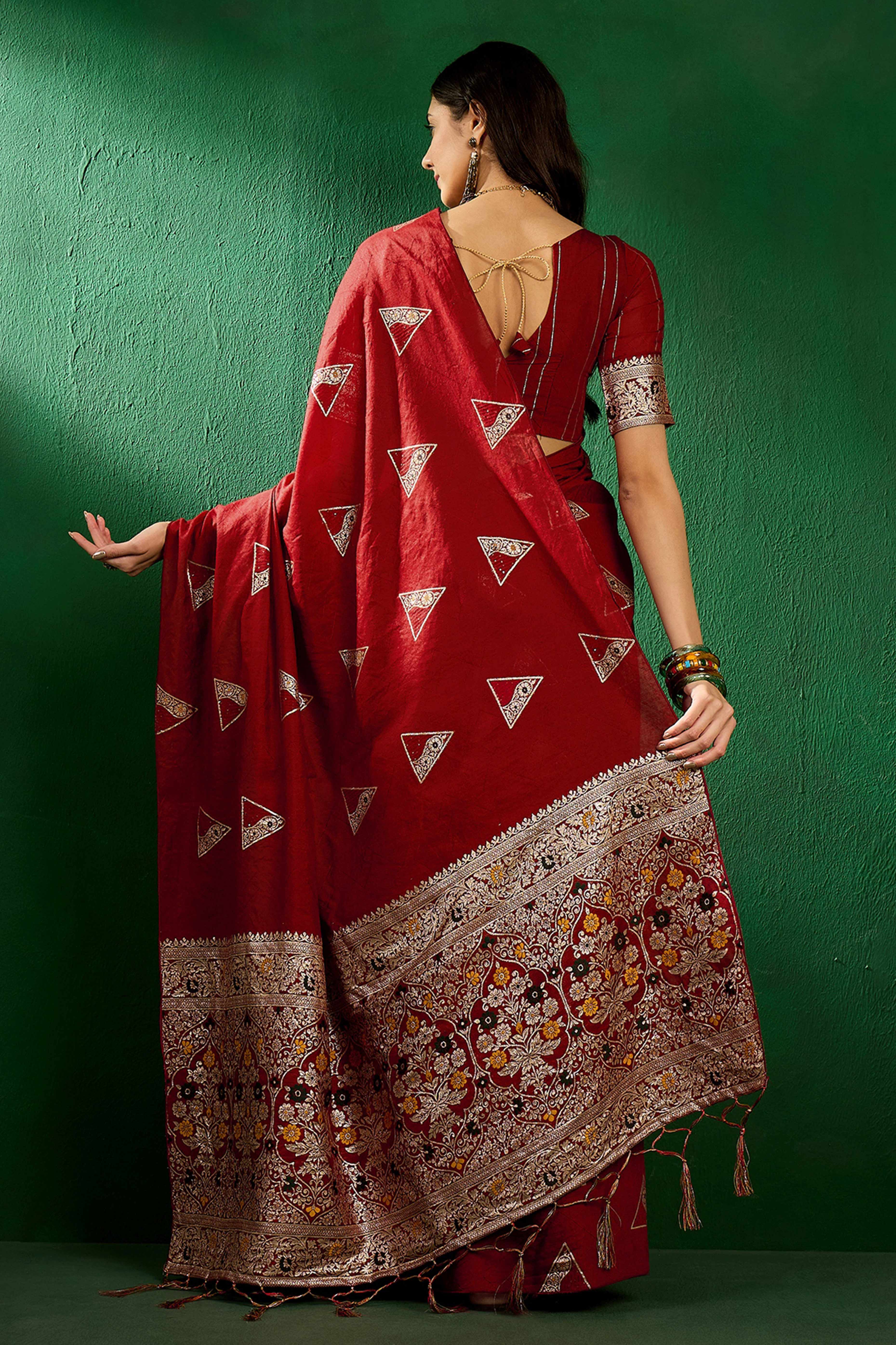 Maroon Floral Woven Staple Cotton Blend Saree With Sparkling Sequin Embroidery & Graceful Tassel Pallu