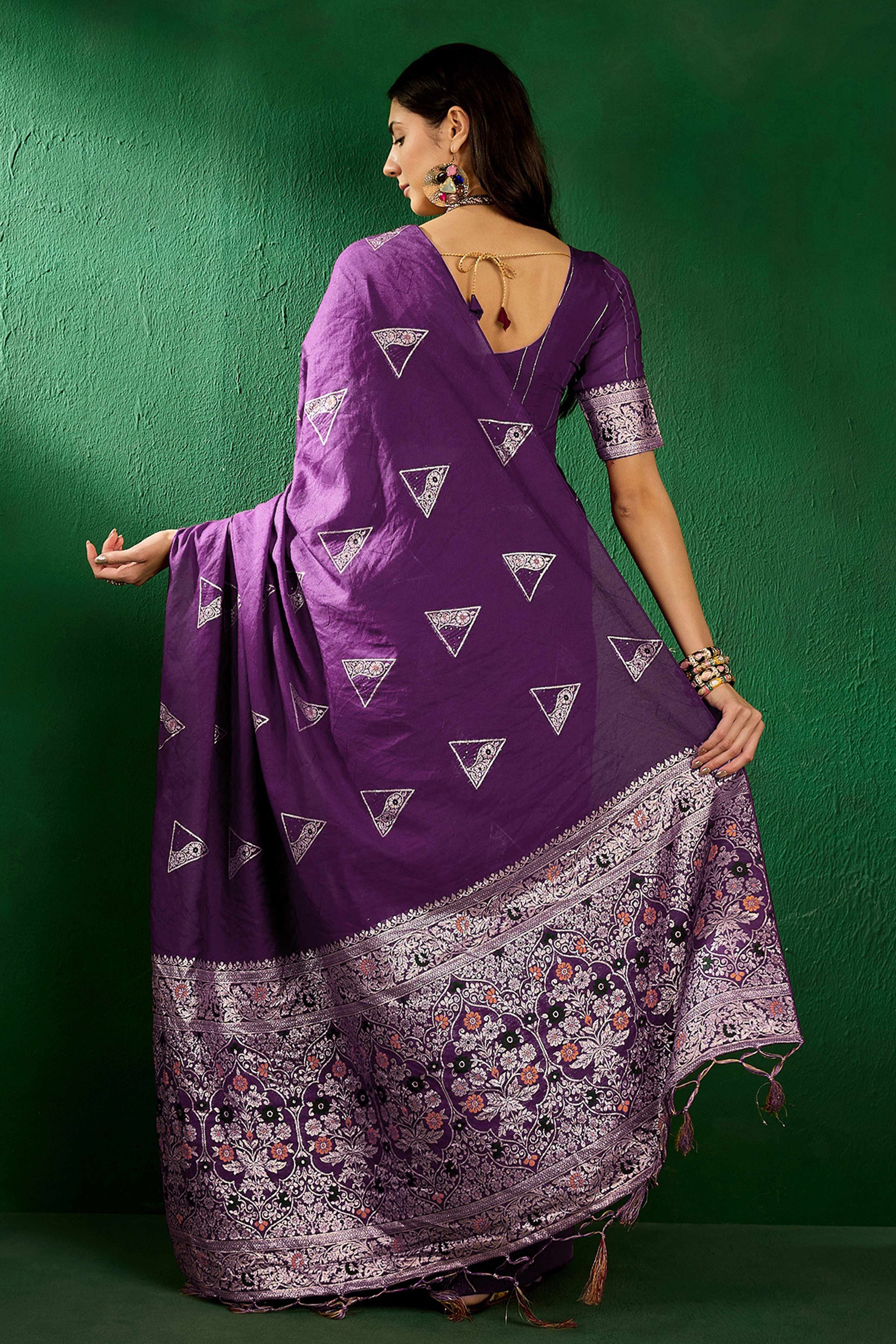 Purple Floral Woven Staple Cotton Blend Saree With Sparkling Sequin Embroidery & Graceful Tassel Pallu