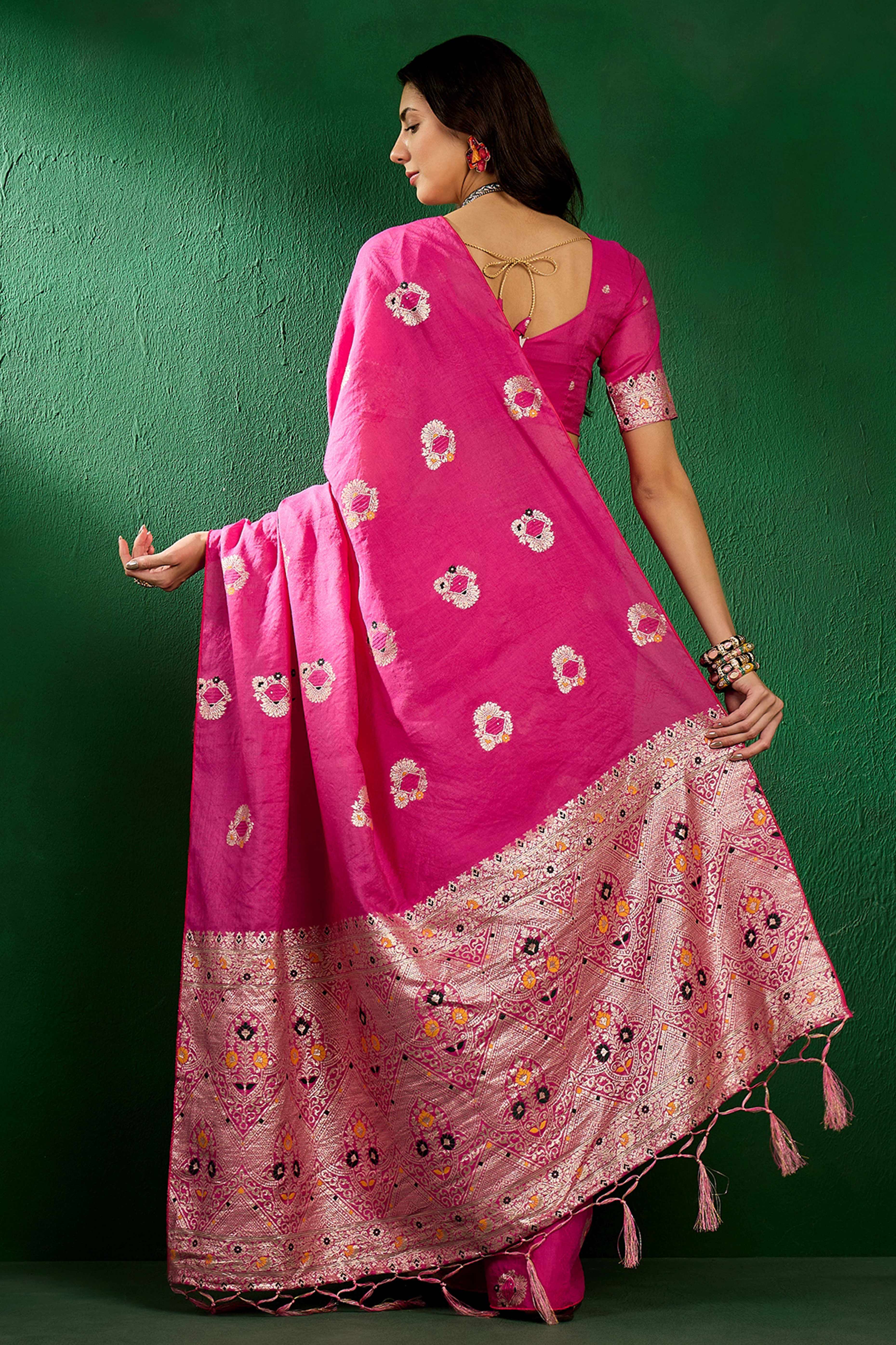 Pink Cotton Blend Meena Jacquard Saree Enhanced With Floral Weaving & Graceful Tassel Pallu
