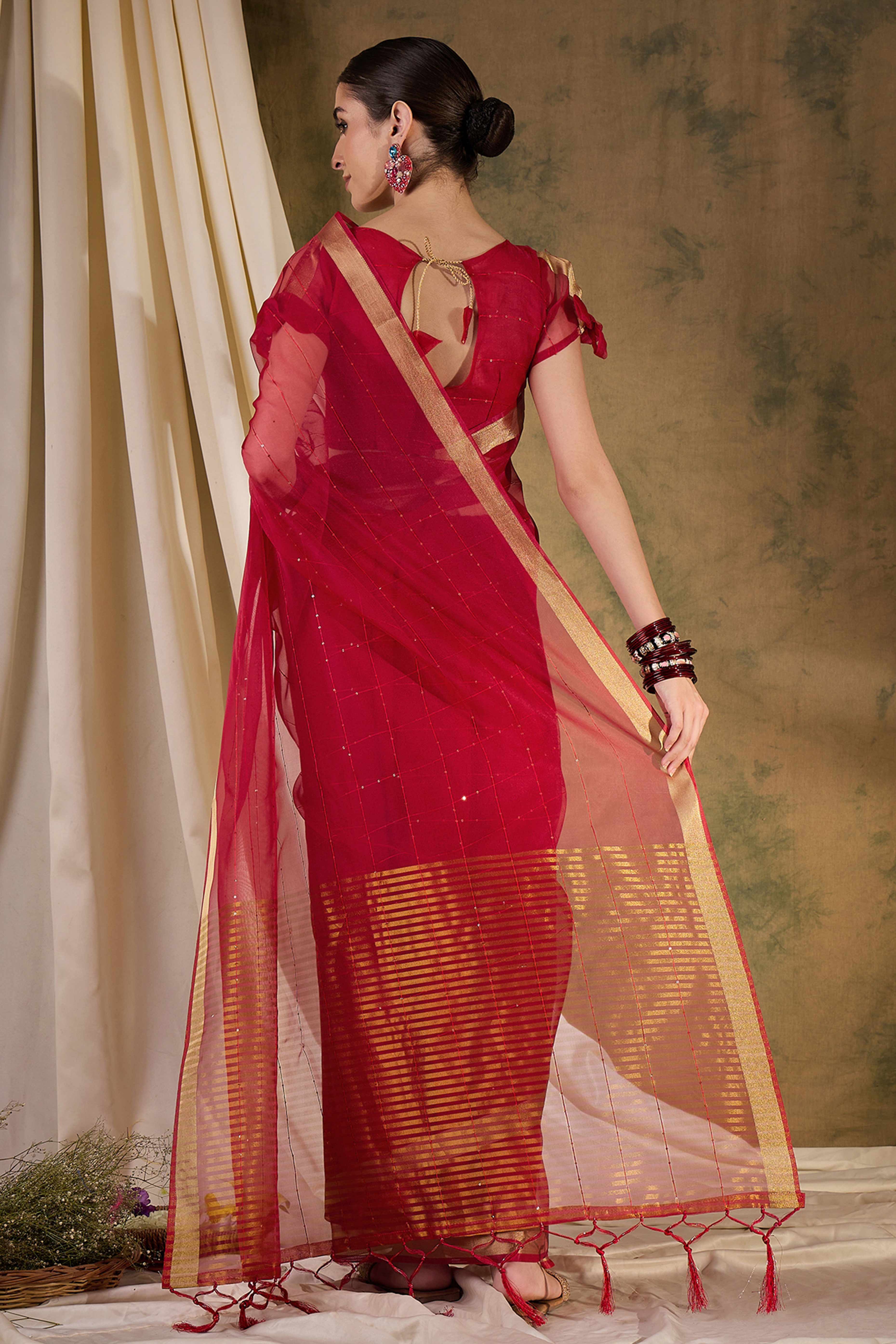 Red Organza Silk Saree Featuring Shimmering Sequins Embroidery & Elegant Tasselled Pallu