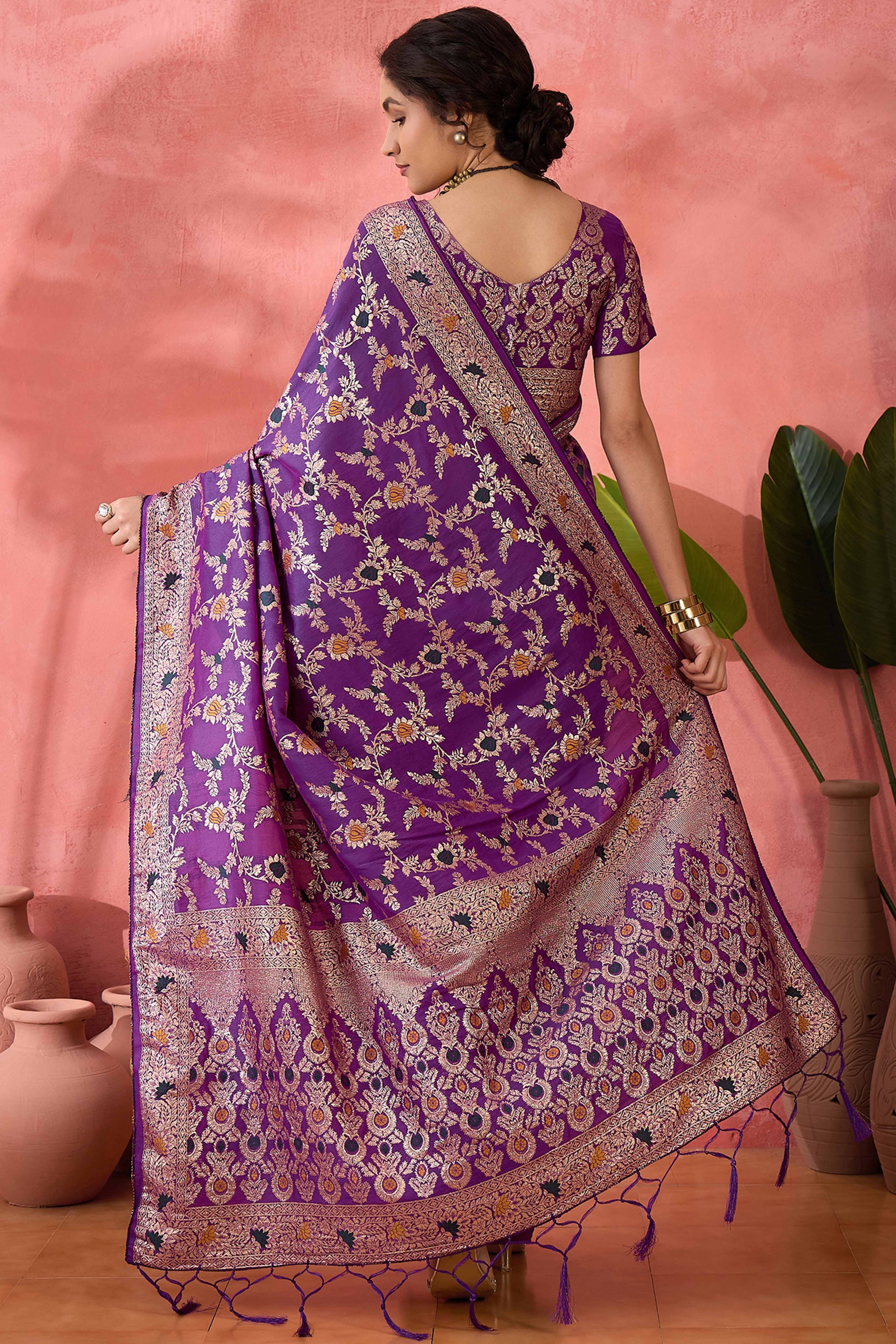 Purple Cotton Meena jacquard Saree Featuring Intricate Floral Weaving & Tassels On The Pallu