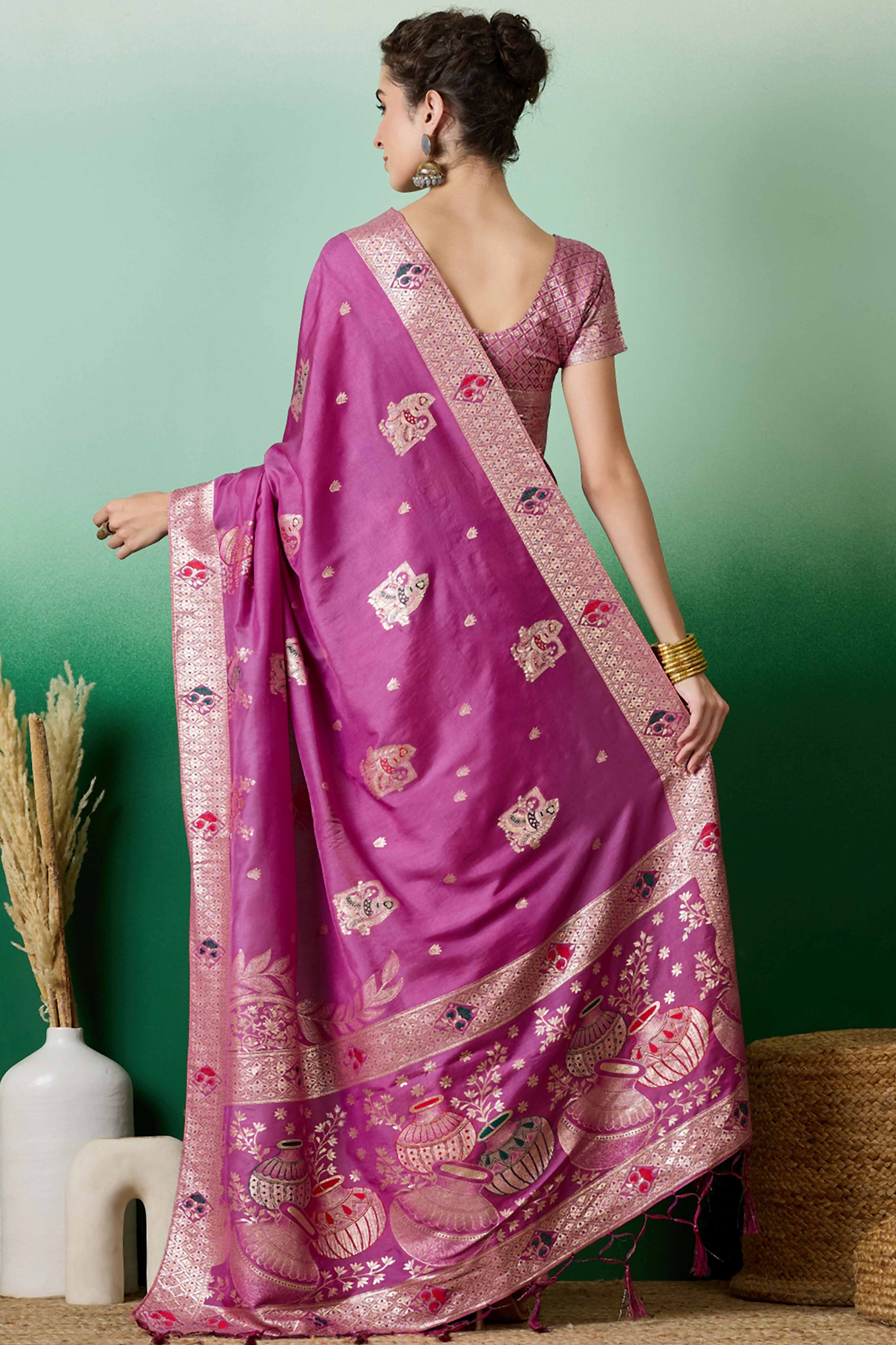 Magenta Cotton Blend Saree Adorned With Floral Zari Weaving & Soft Tassel Accents