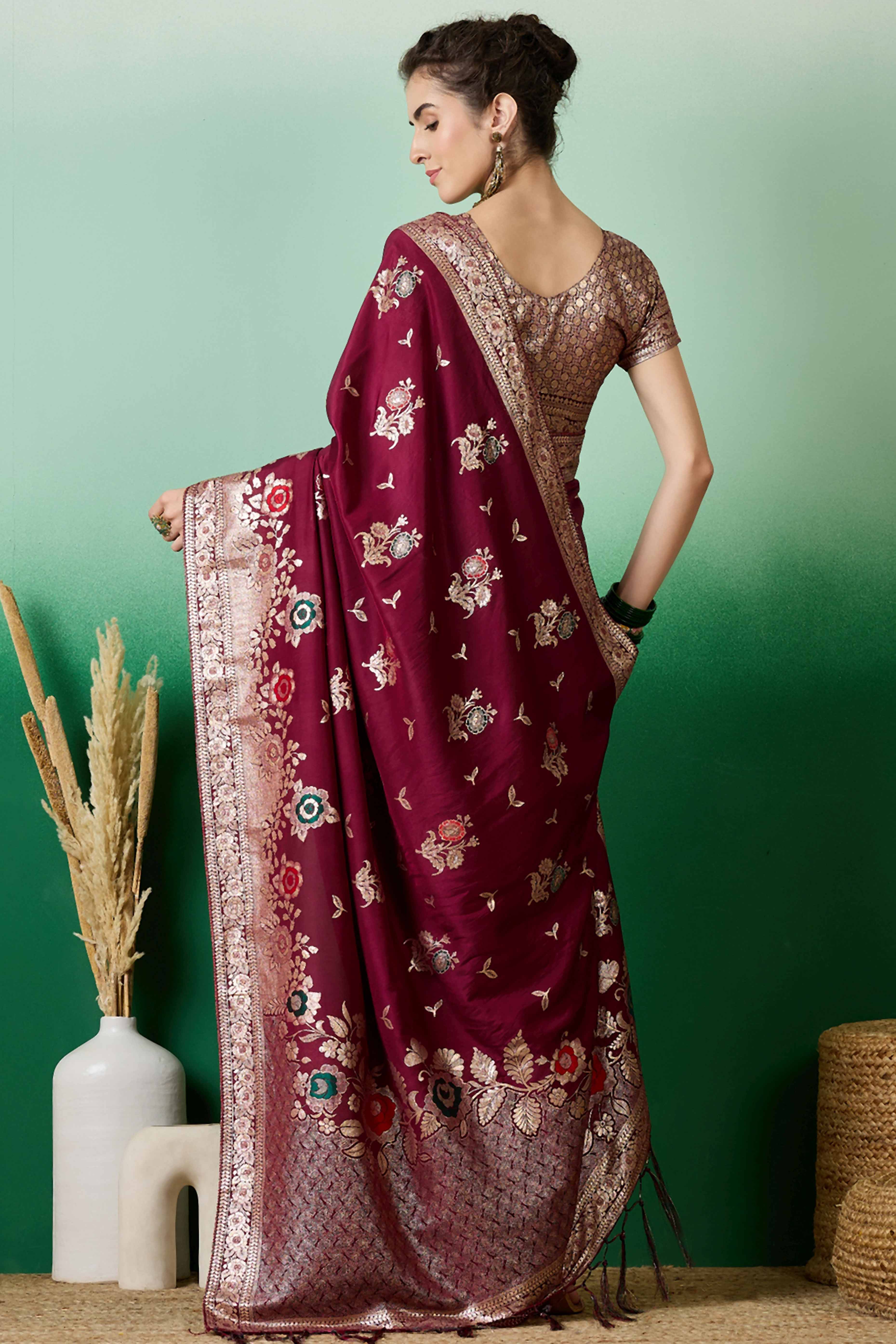Burgundy Cotton Blend Saree Embellished With Floral Zari Weaving & Tasselled Pallu