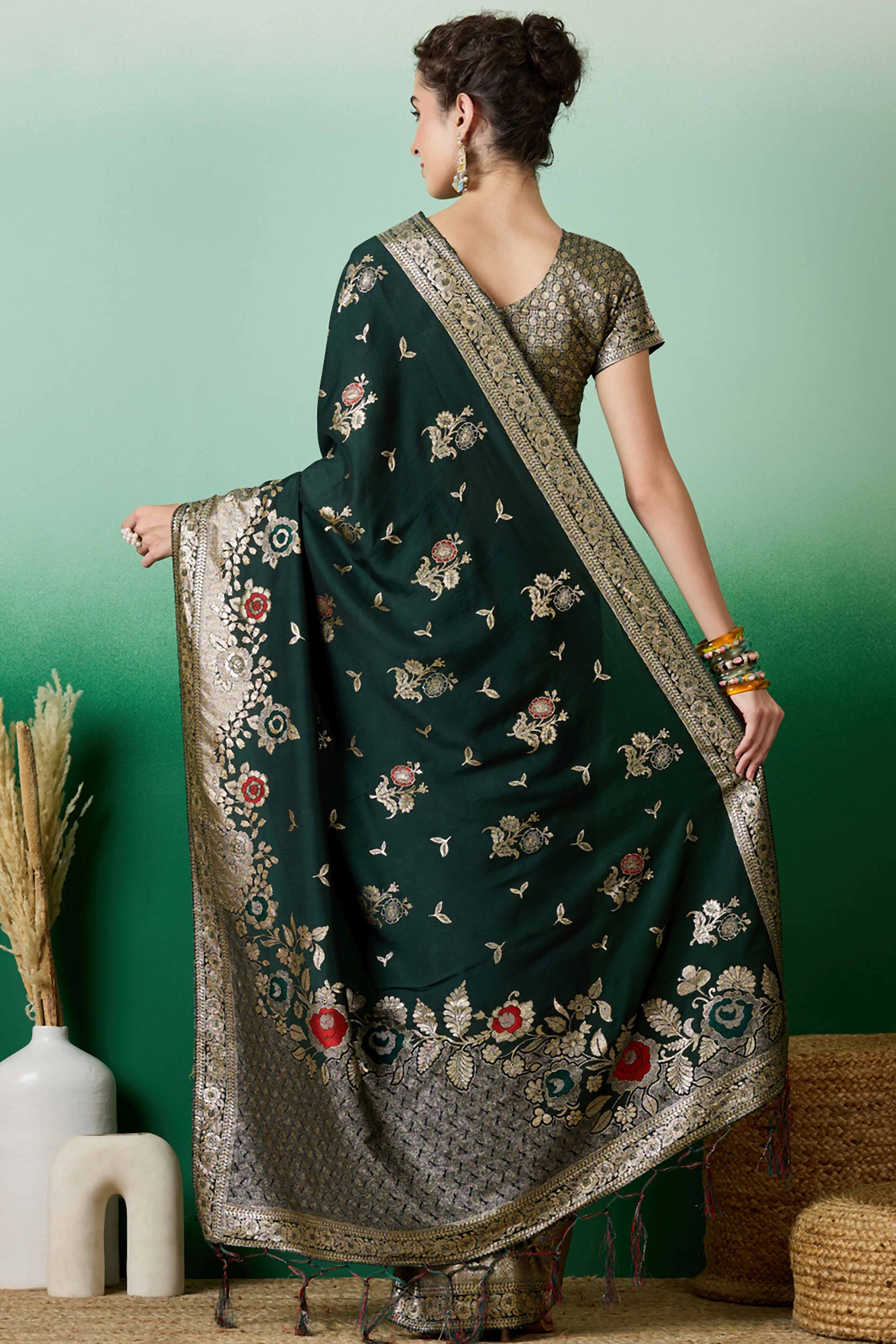 Green Cotton Blend Saree Embellished With Floral Zari Weaving & Tasselled Pallu