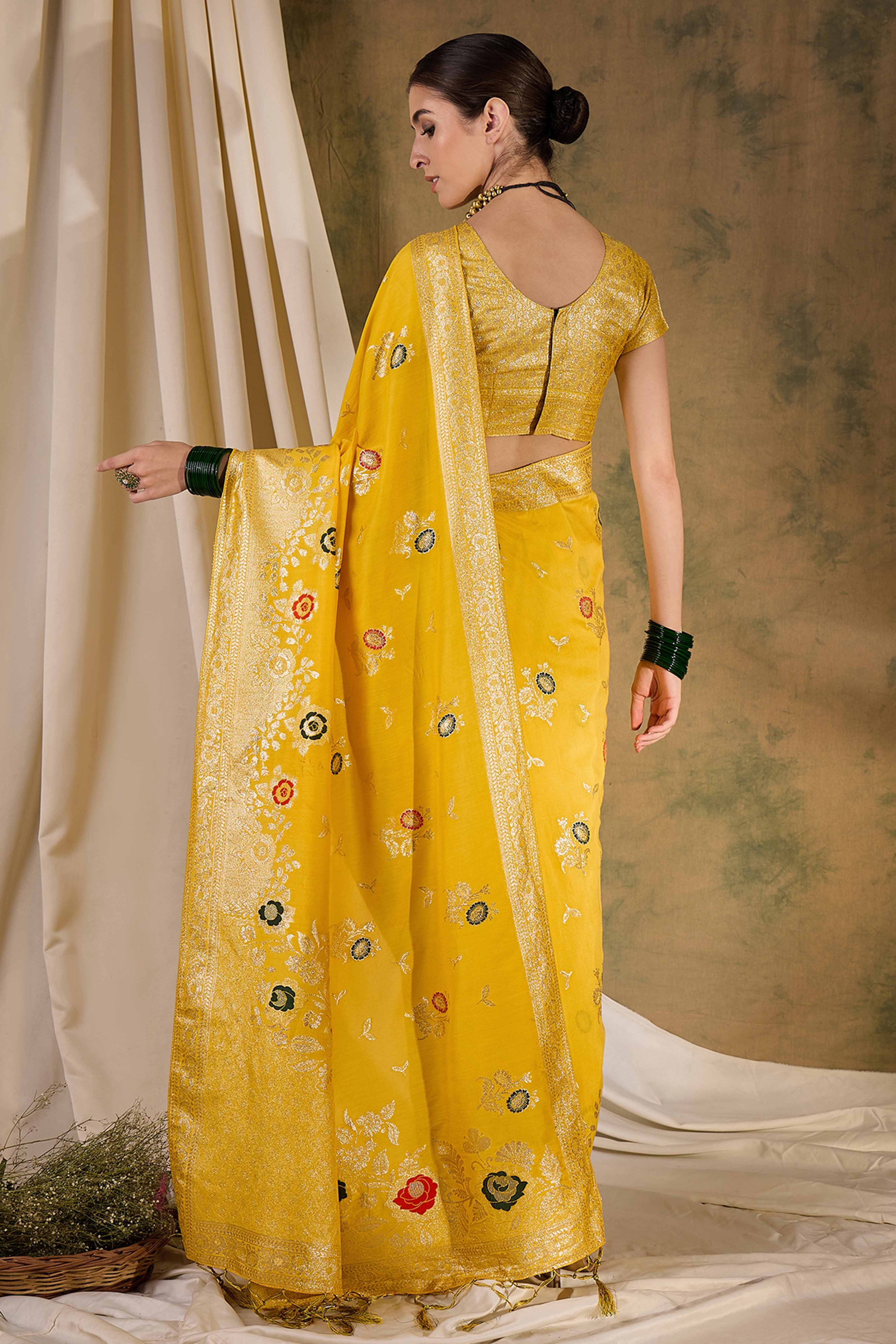 Yellow Cotton Blend Saree Embellished With Floral Zari Weaving & Tasselled Pallu