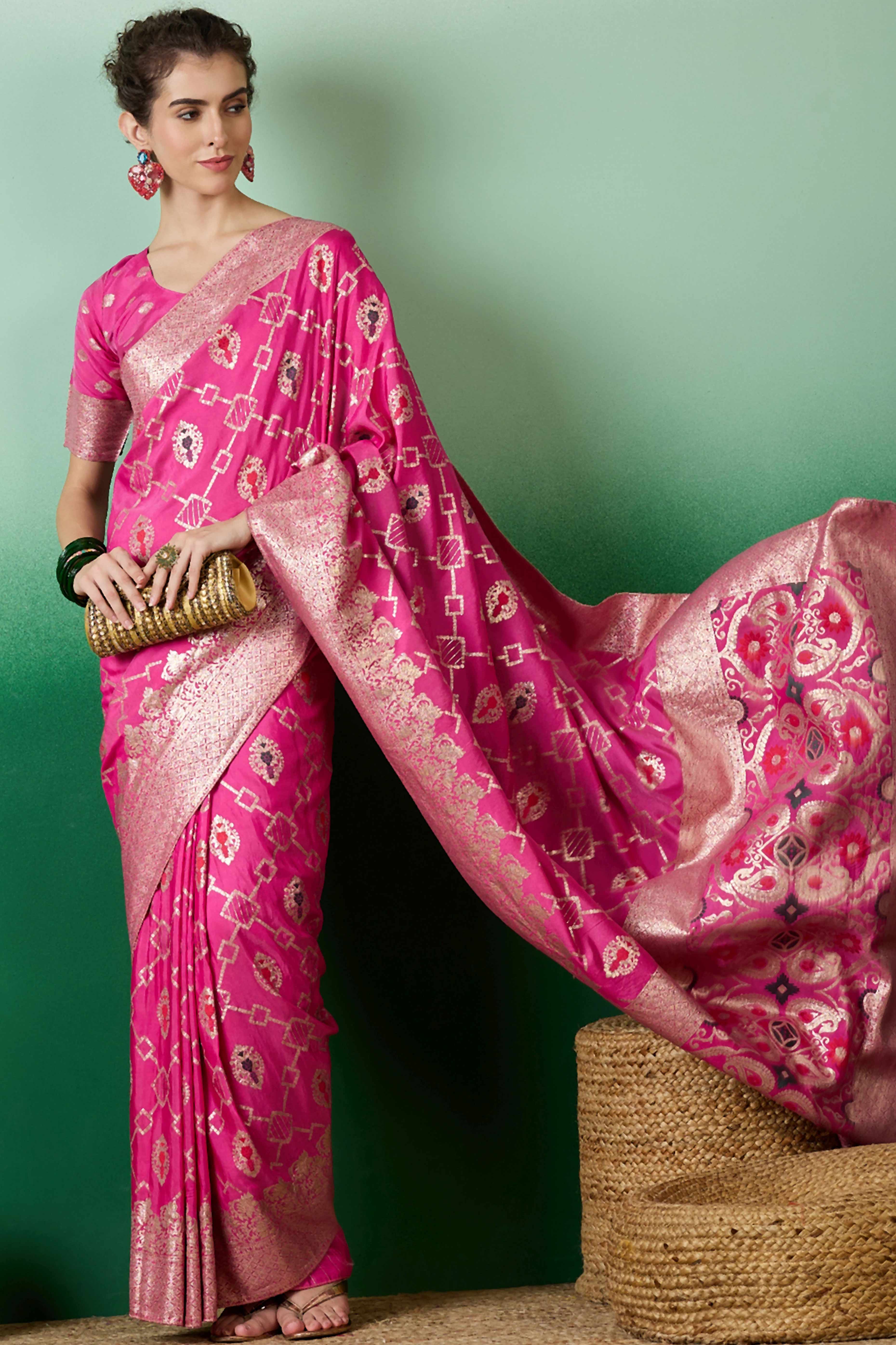 Pink Zari Woven Staple Cotton Blend Saree With Floral Motifs & Tassel Detailed Pallu