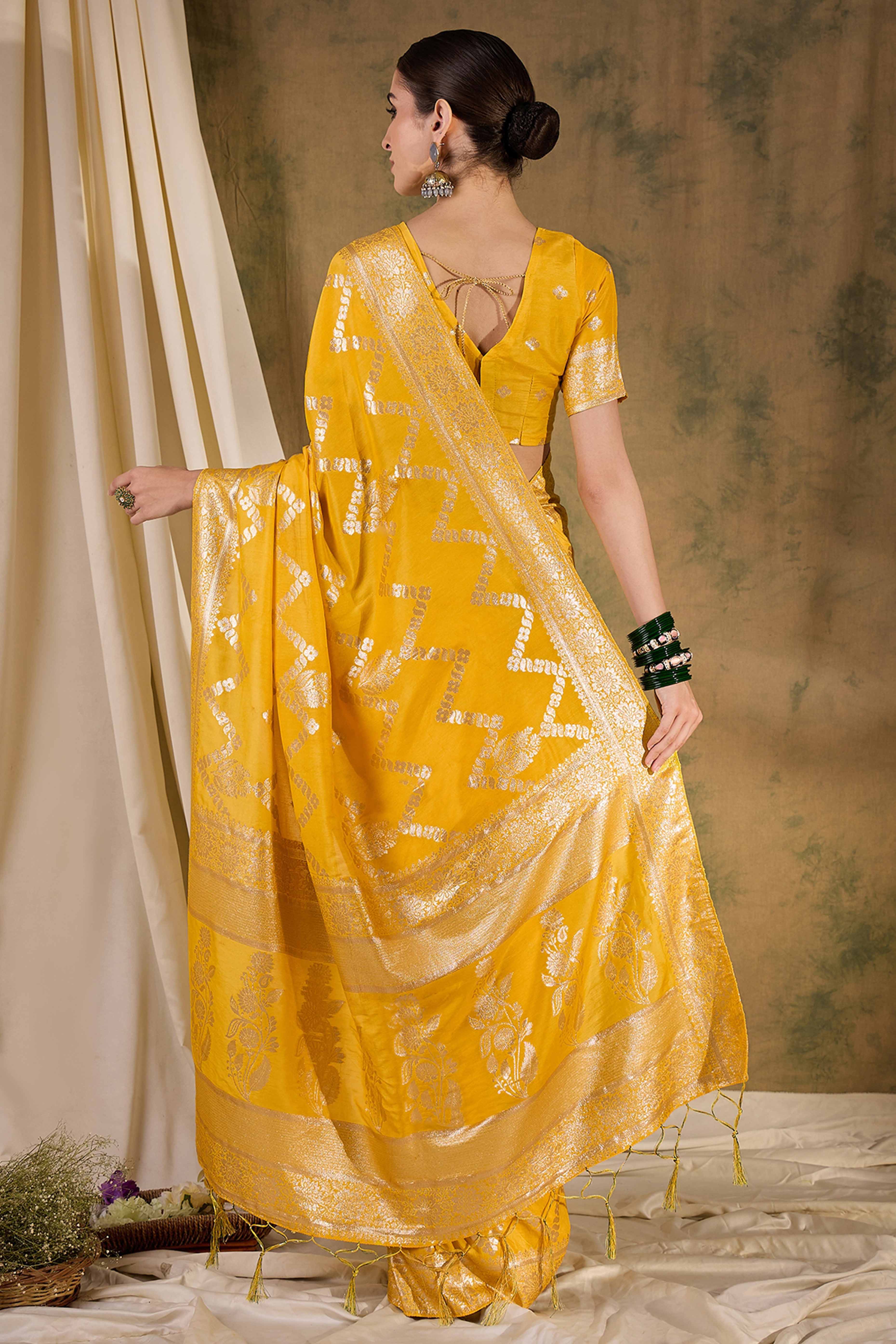 Mustard Cotton Blend Jacquard Saree Adorned With Floral Weaving & Graceful Tassel Pallu