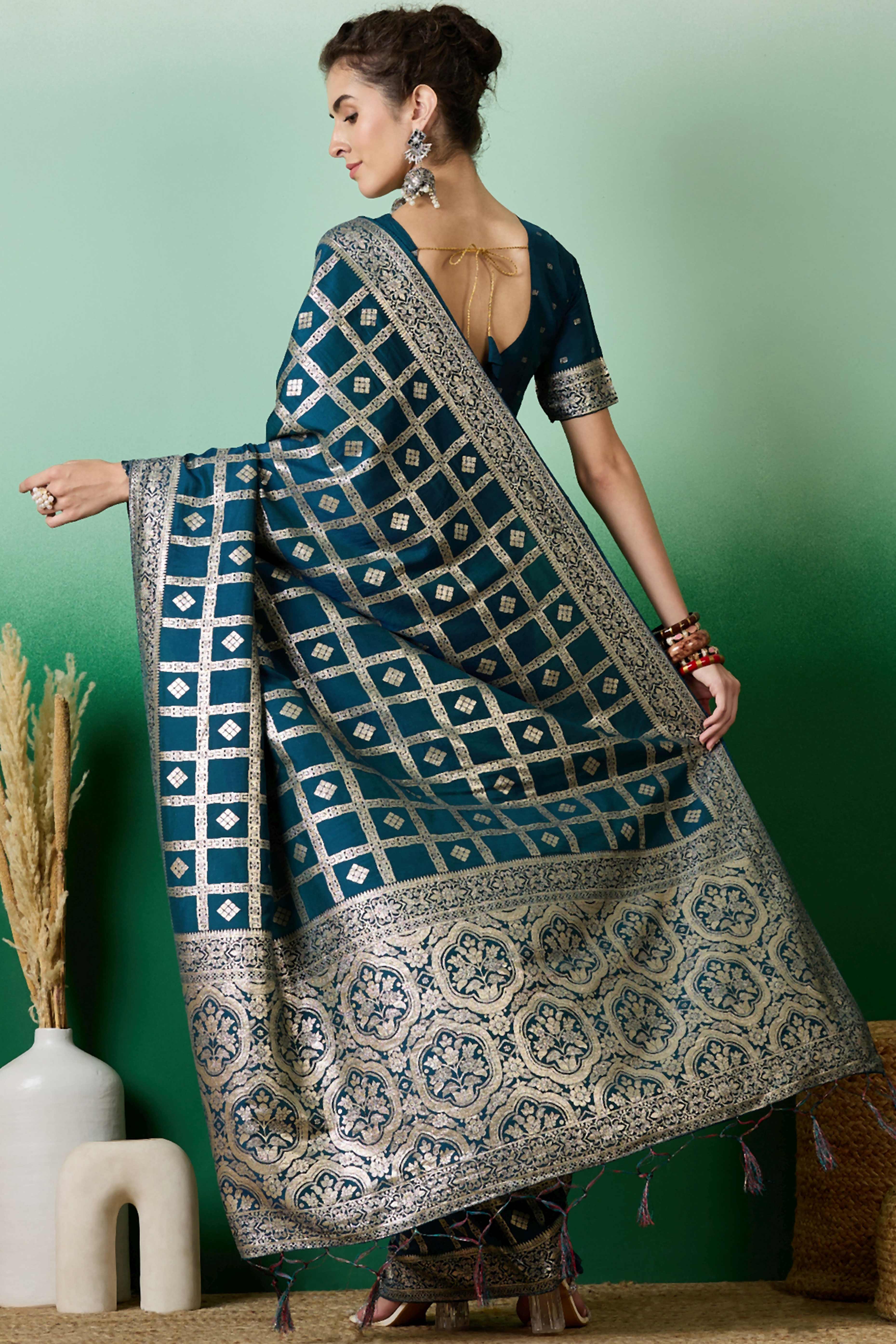 Rich Teal Blue Jacquard Saree In Cotton Blend Featuring Elegant Floral Weaving & A Tasselled Pallu