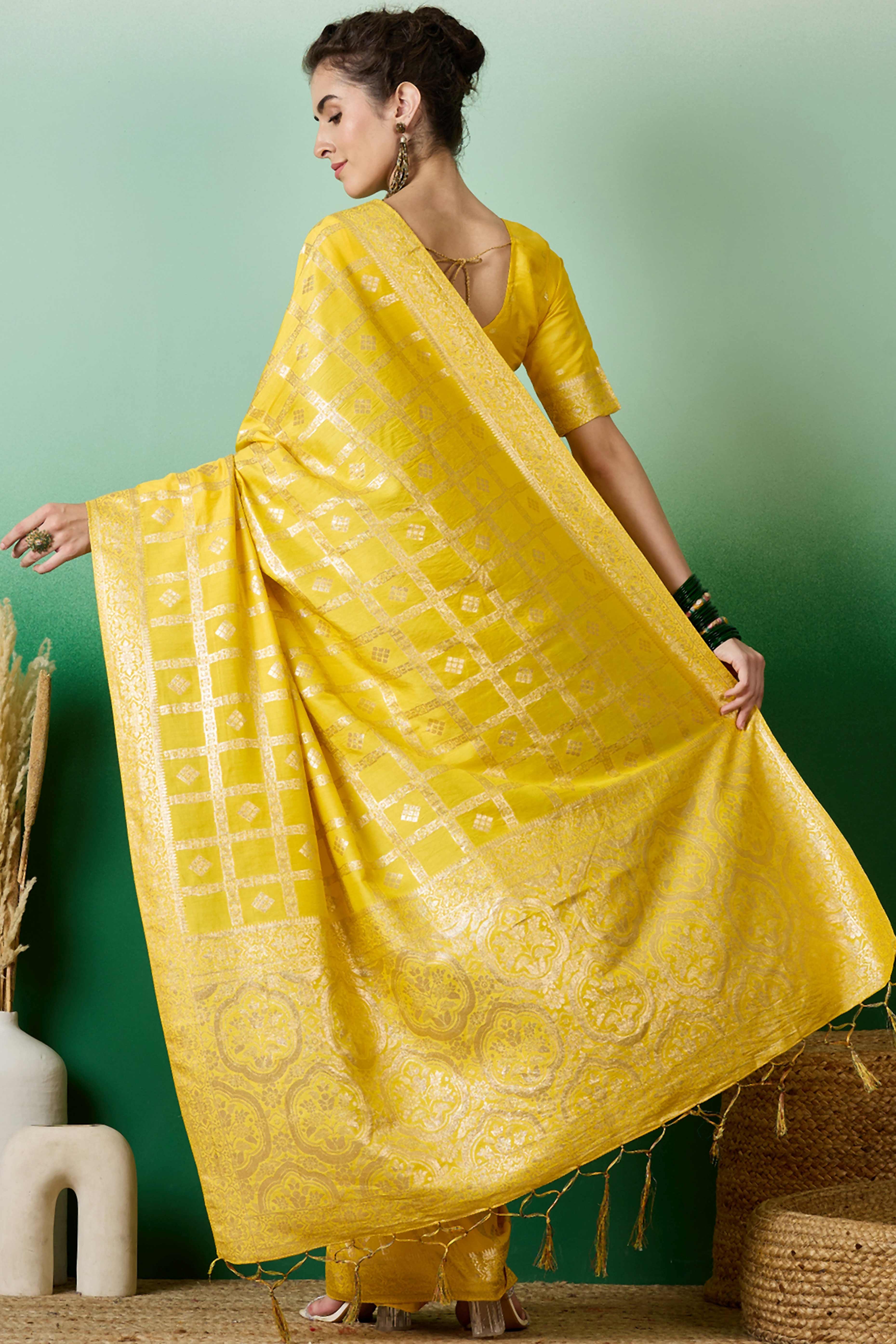 Yellow Jacquard Saree In Cotton Blend Featuring Elegant Floral Weaving & A Tasselled Pallu