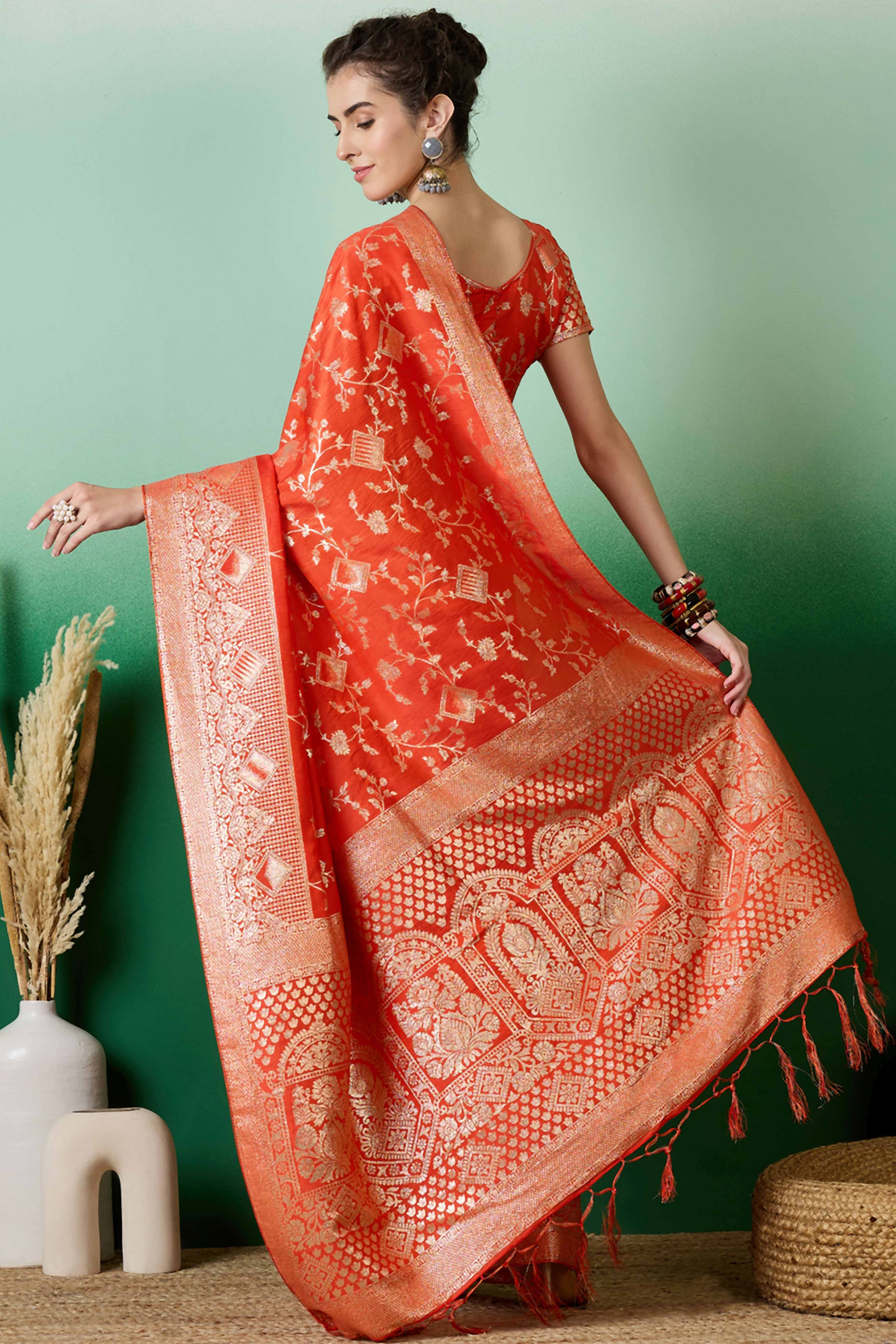 Orange Cotton Blend Saree With Intricate Floral Zari Weaving & Soft Tassel