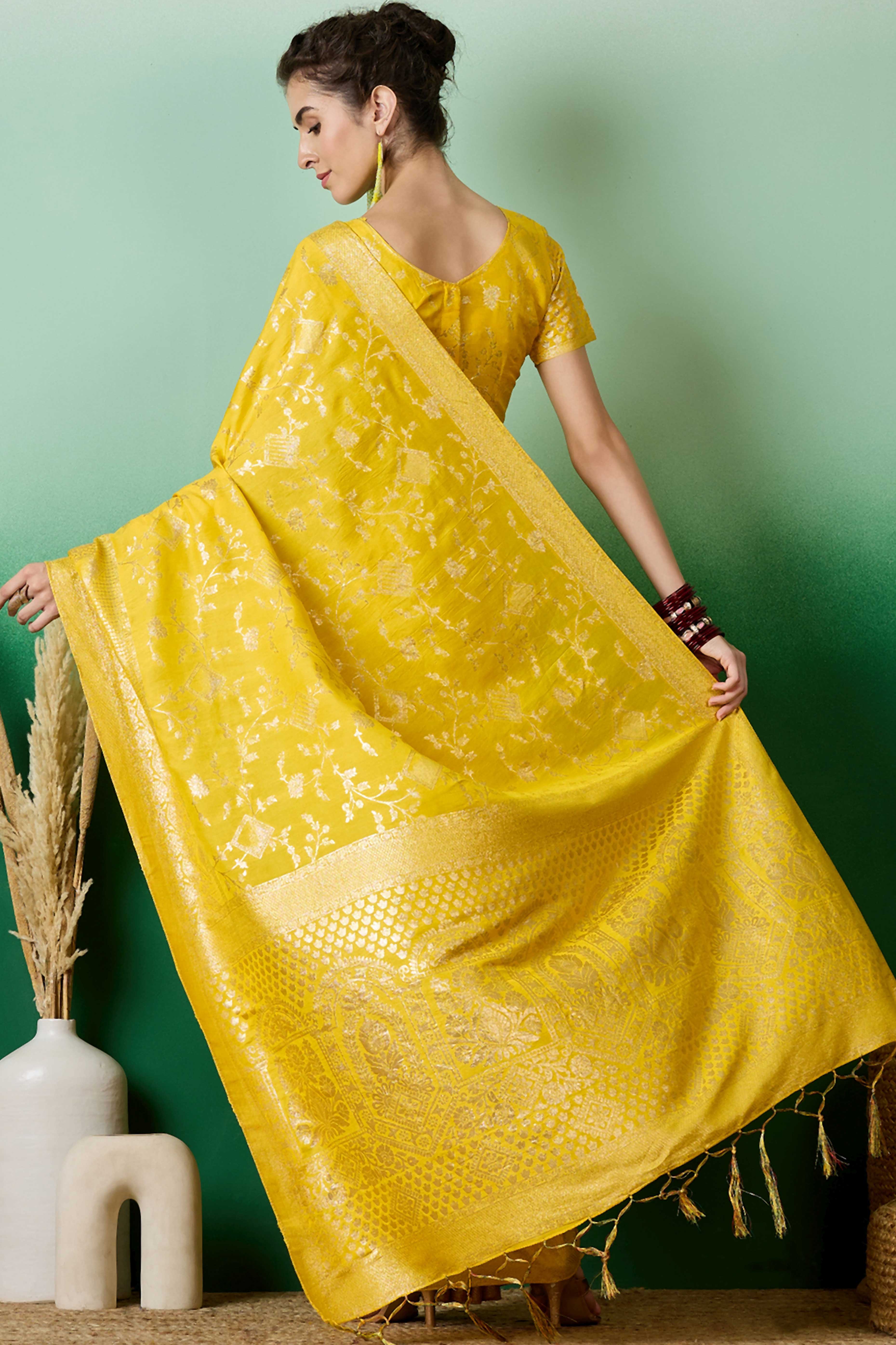 Yellow Cotton Blend Saree With Intricate Floral Zari Weaving & Soft Tassel