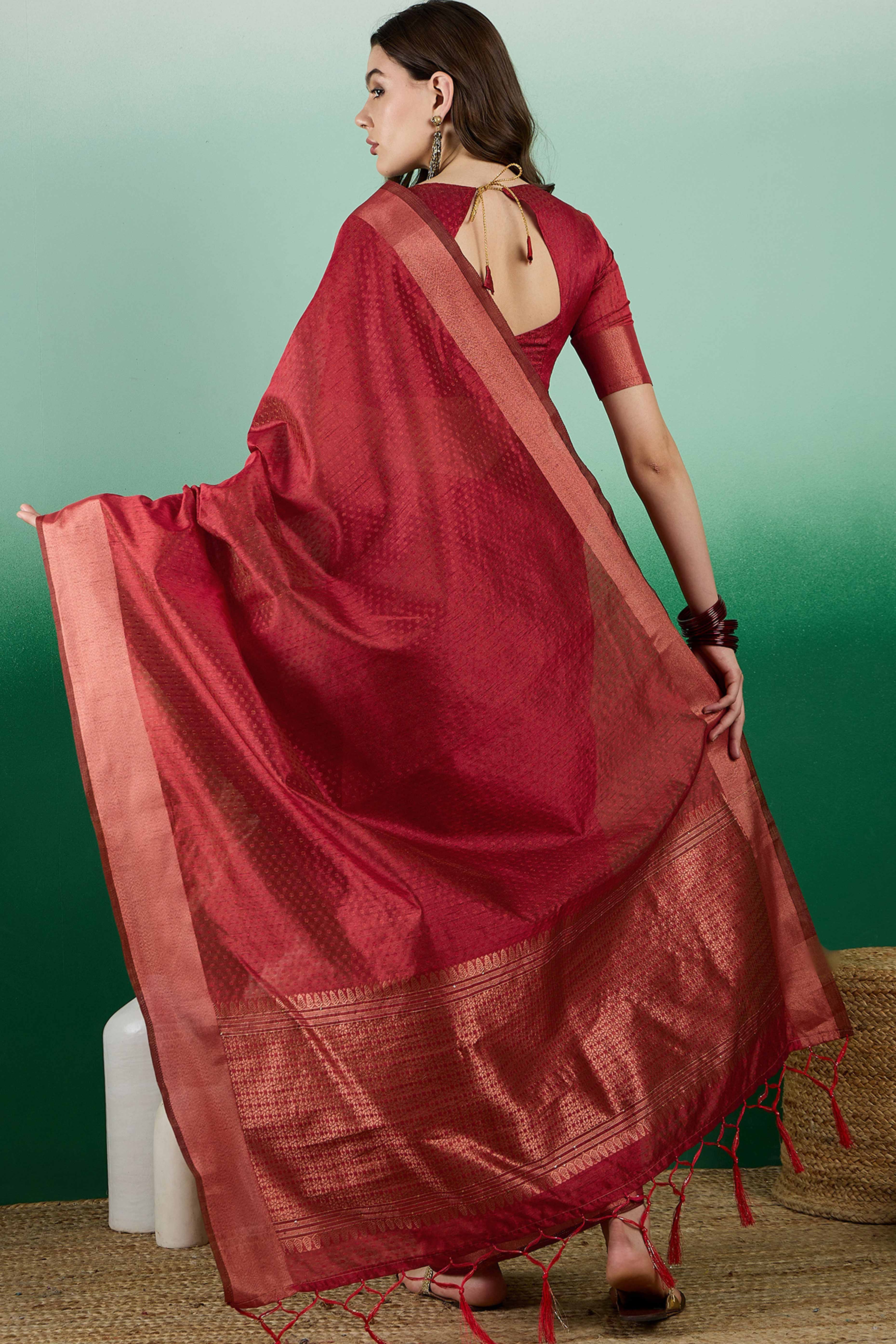 Dark Red Khadi Organza Saree Intricate Weaving & Sparkling Sequins with Tassel Pallu