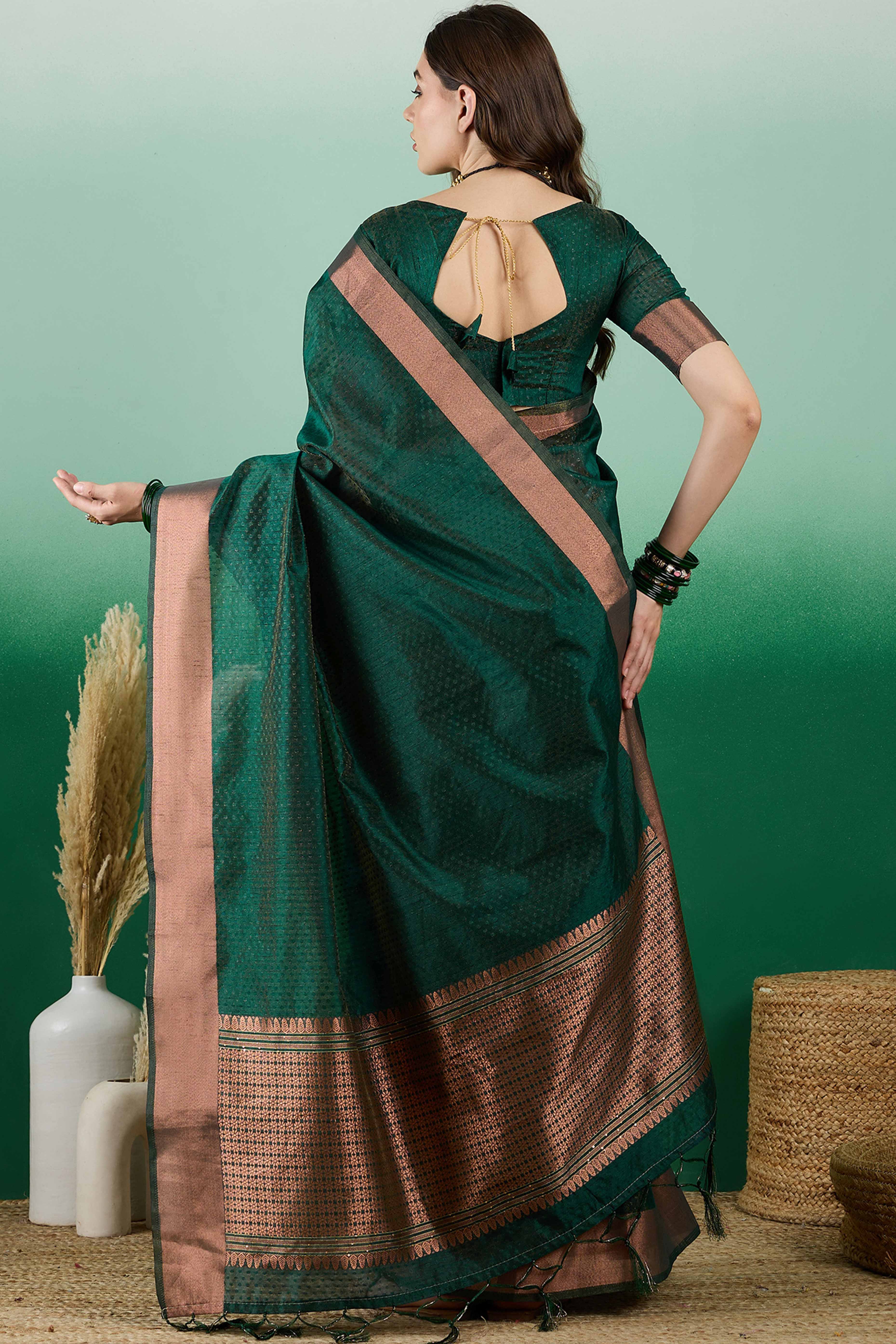 Green Khadi Organza Saree Intricate Weaving & Sparkling Sequins with Tassel Pallu