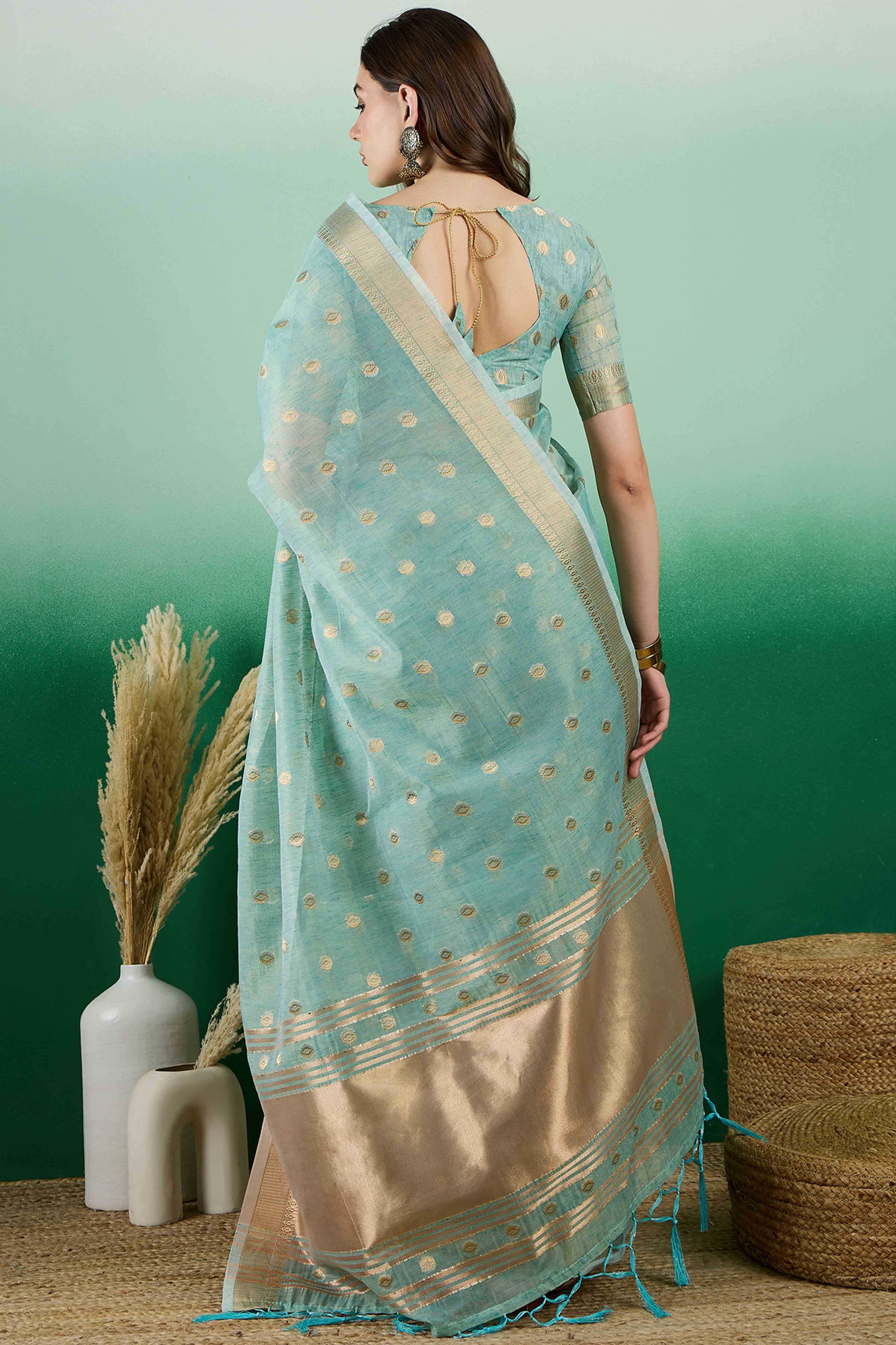 Blue Khadi Organza Saree Embellished With Traditional Zari Work & Tassels