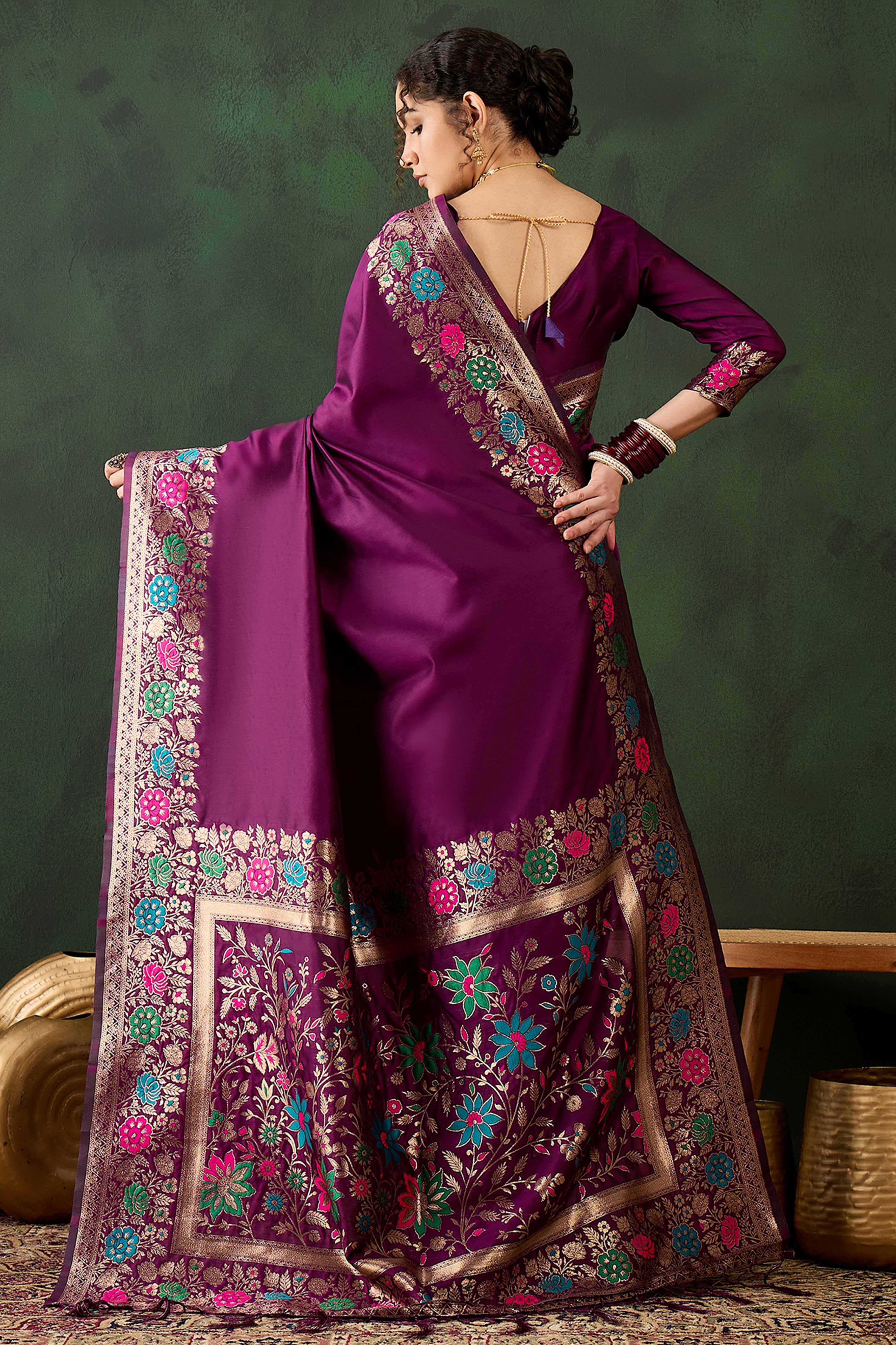 Purple Saree In Poly Silk Blend Featuring Floral Zari Weaving & Tassel Accents
