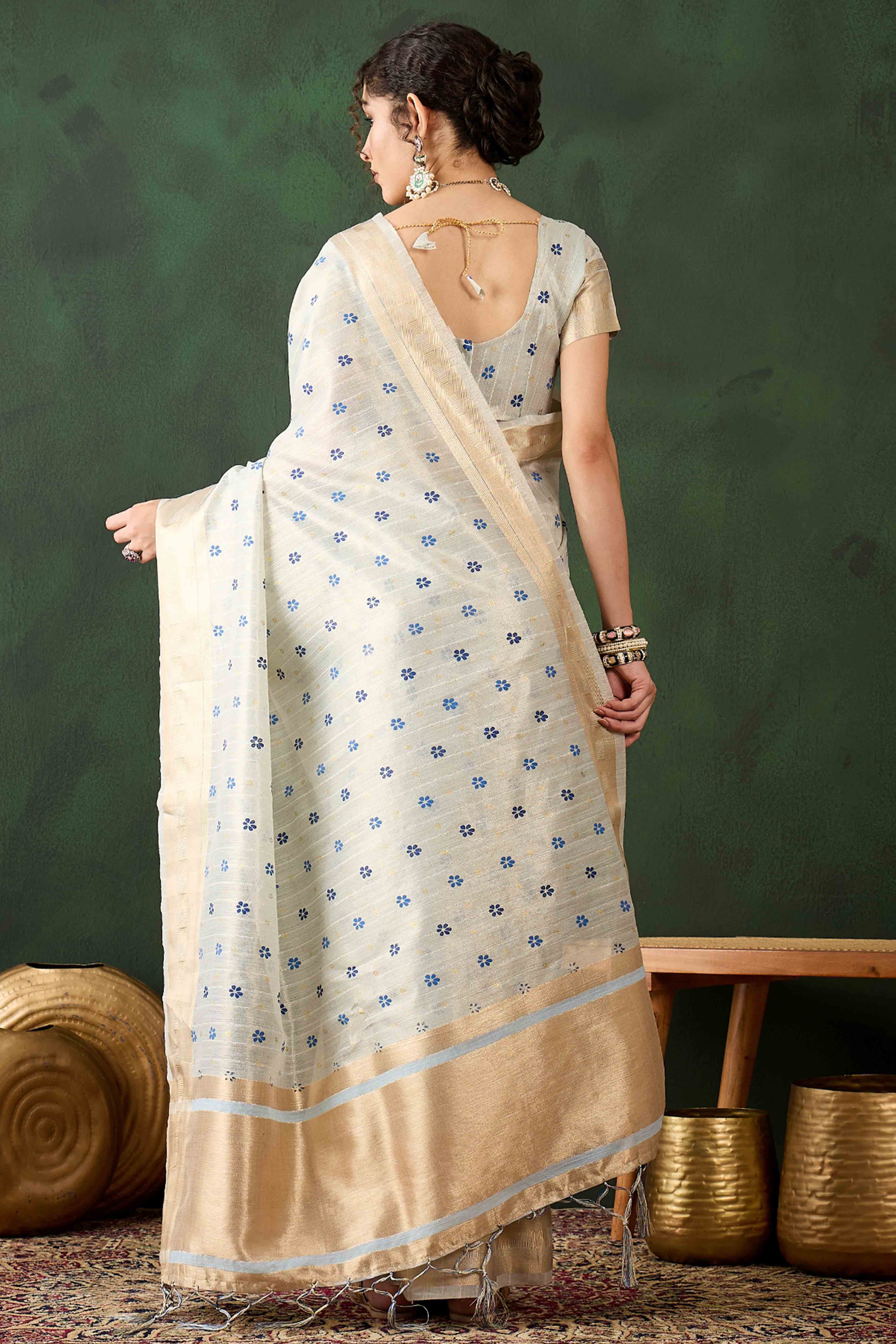 Blue Saree In Khadi Organza Featuring Floral Prints & Intricate Weaving