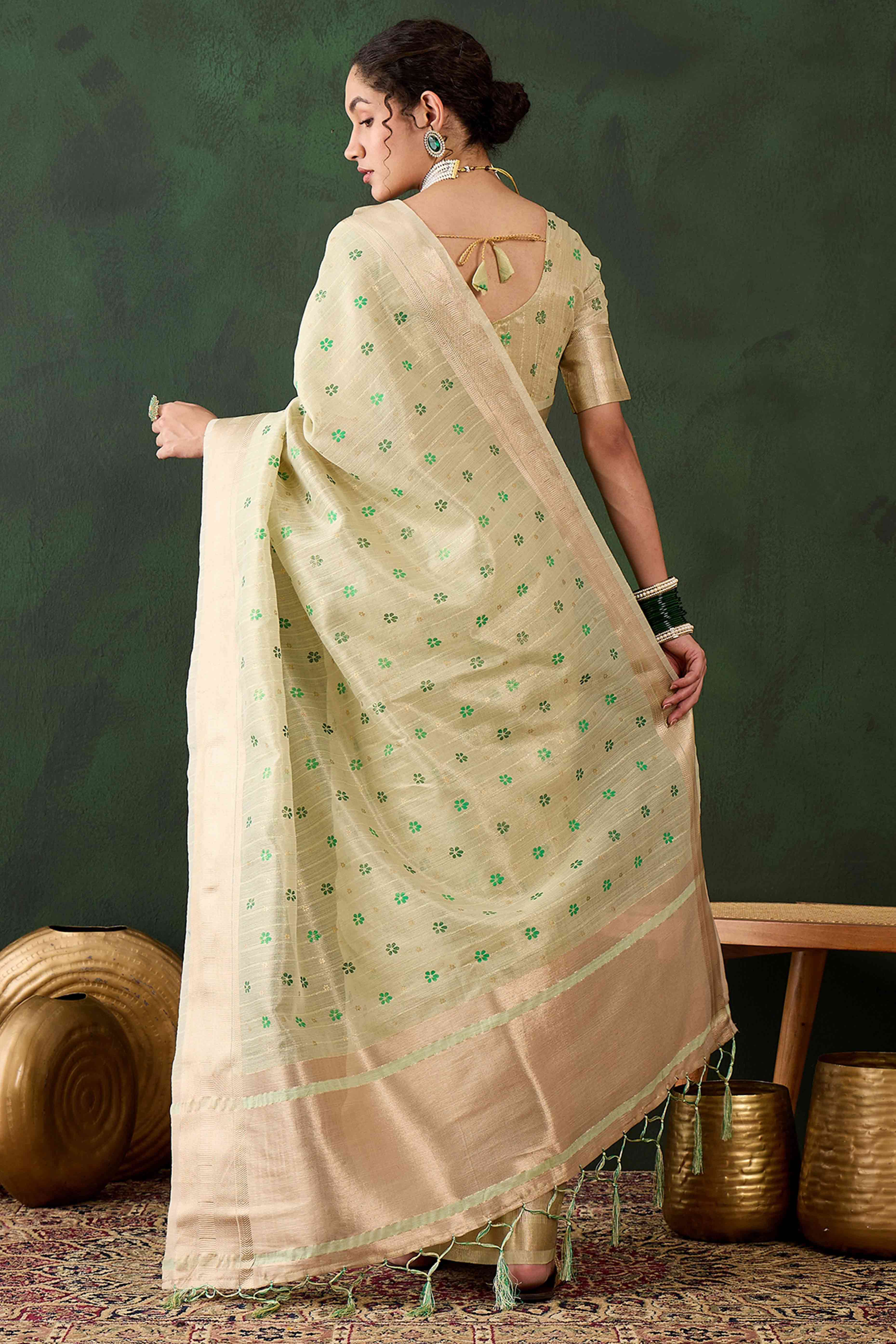 Green Saree In Khadi Organza Featuring Floral Prints & Intricate Weaving