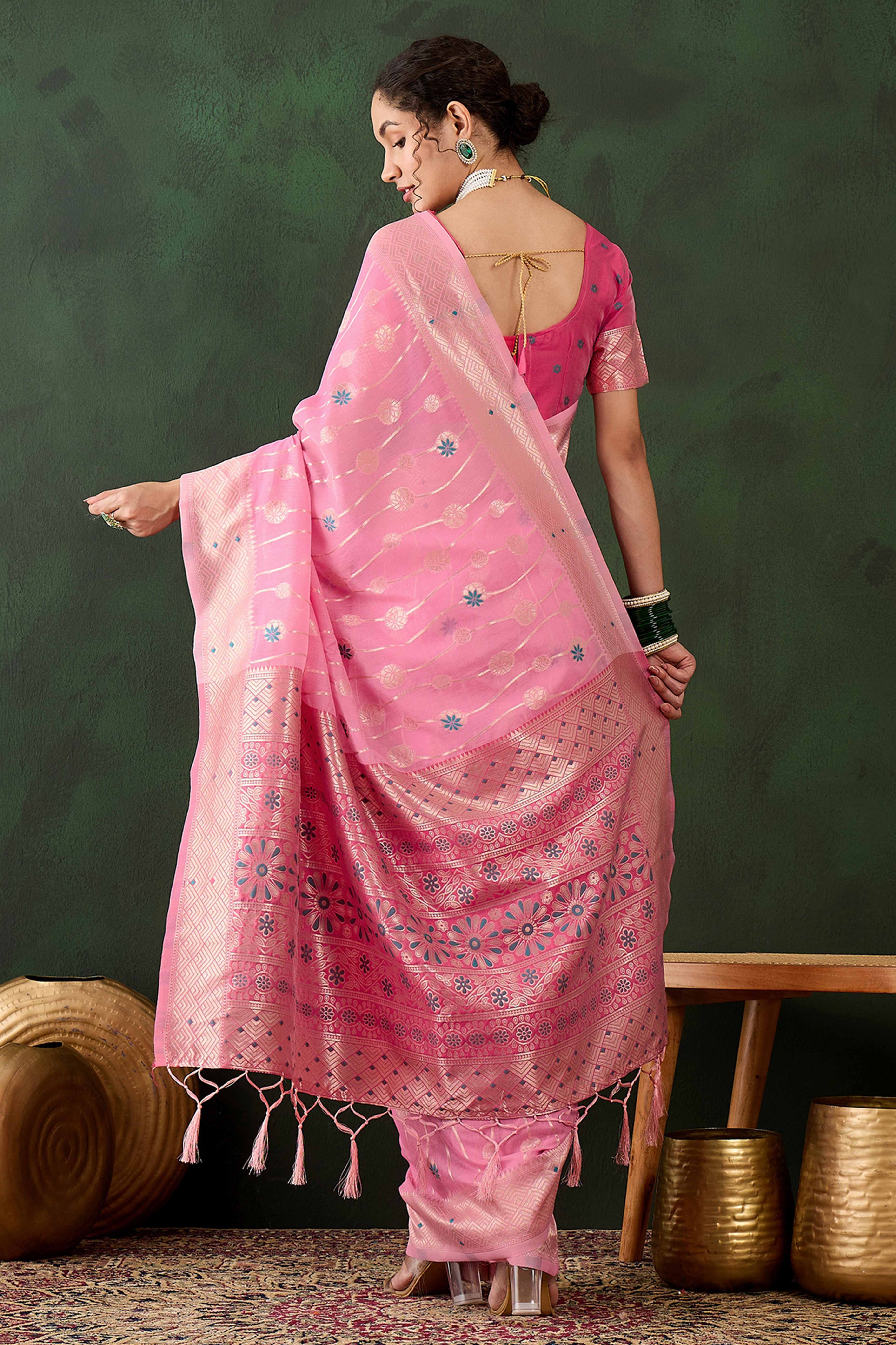 Pink Cotton Blend Saree Adorned With Intricate Floral Zari Weaving & A Stylish Tassel Pallu